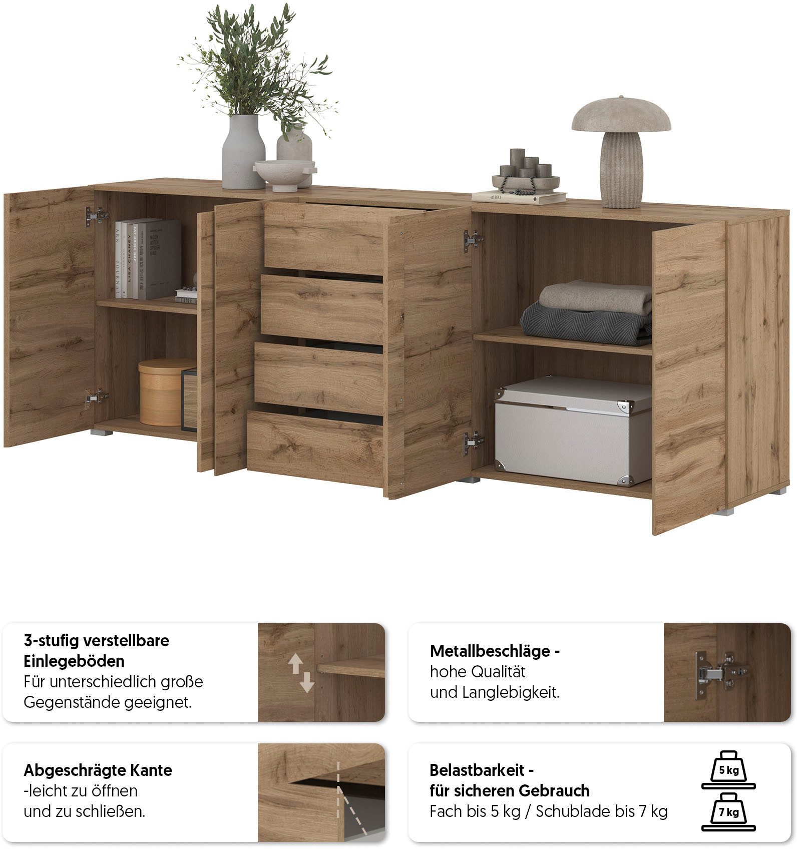 OTTO home Sideboard Metric,Breite 222 cm, grifflose Kommode 4 Türen/4 Schubkästen, Schubladenschrank mit viel Stauraum, Einlegeböden verstellbar
