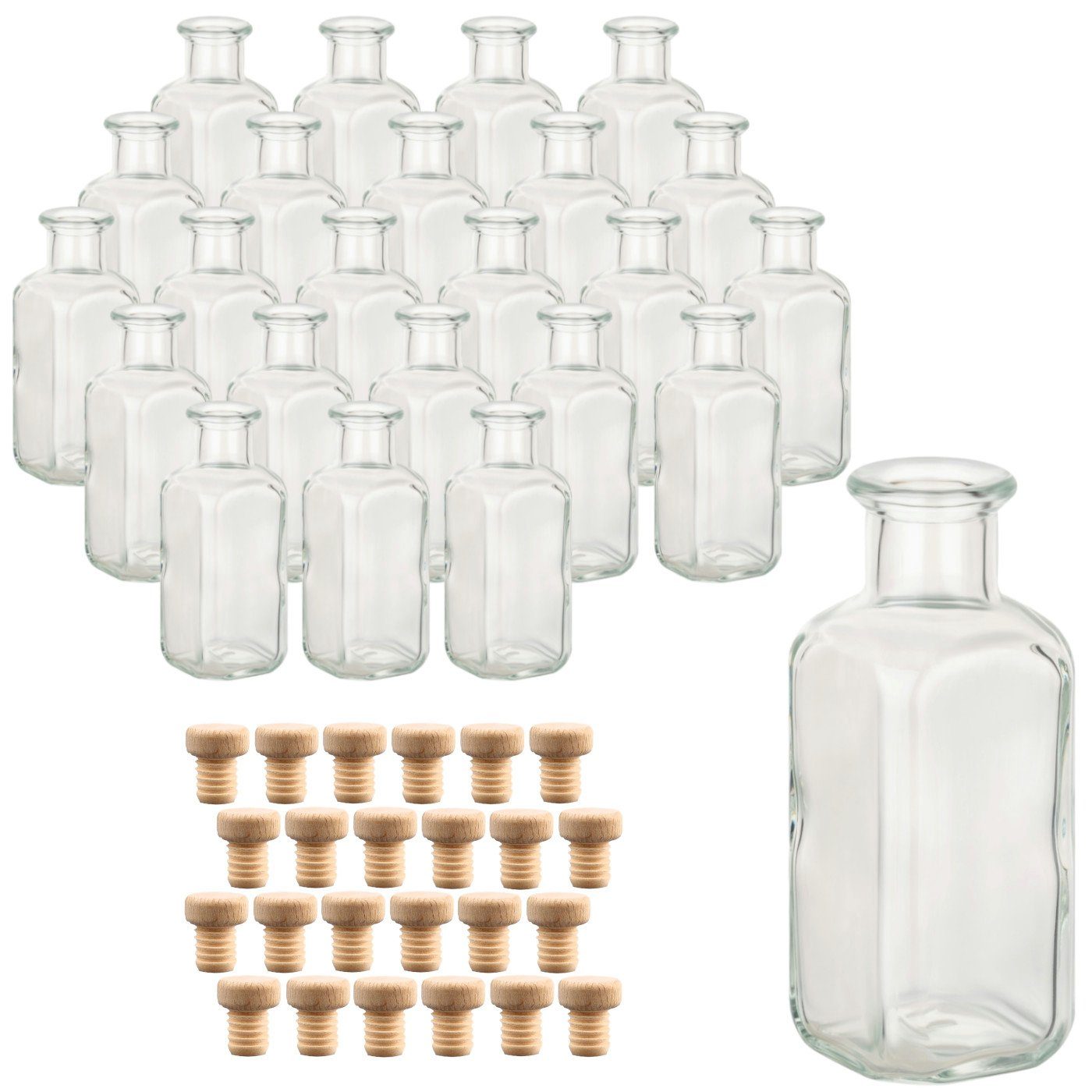 gouveo Trinkflasche Glasflaschen 100 ml Apotheker mit Korken zum Befüllen, 24er Set eckig Holzgriffkorken