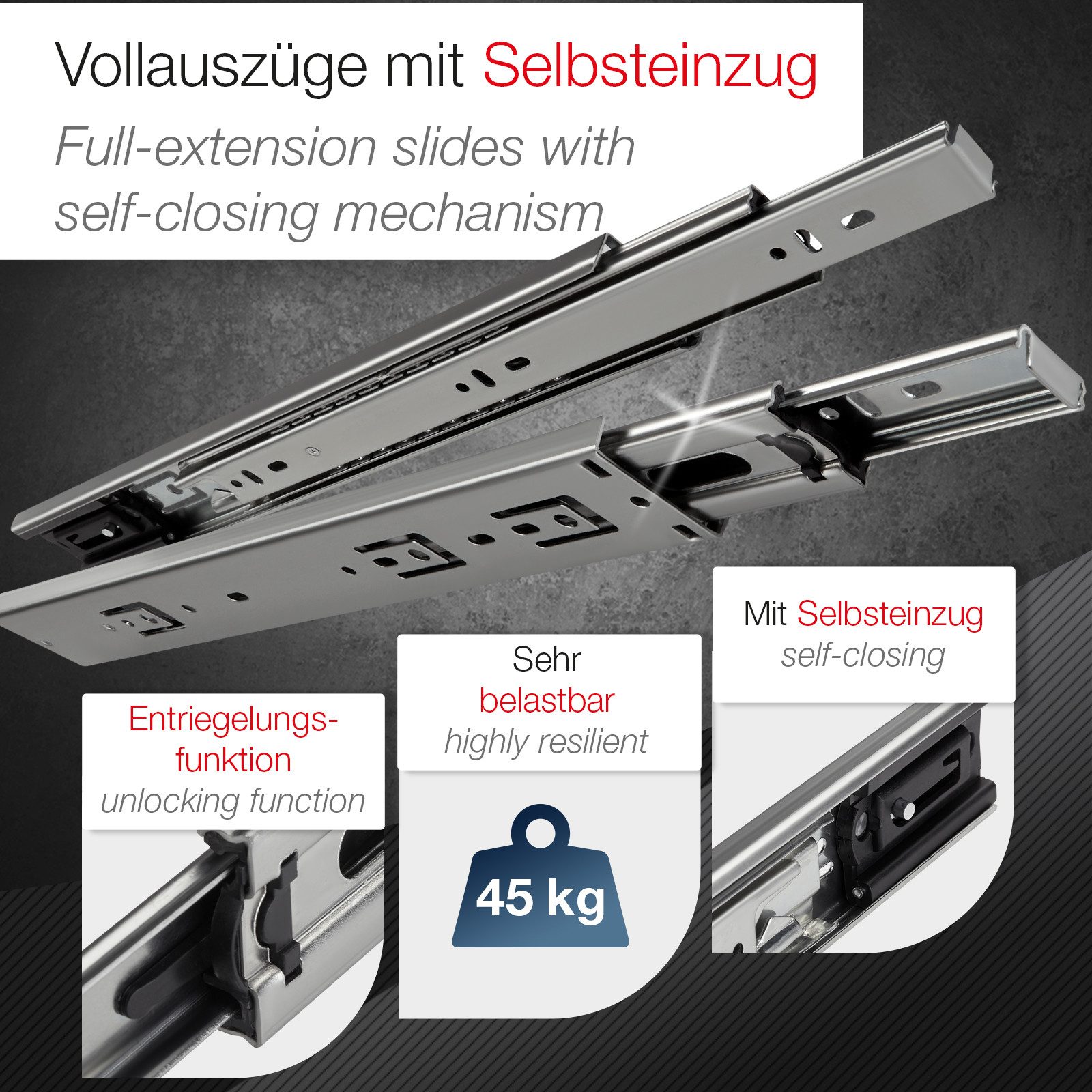 SO-TECH® Auszug Vollauszug kugelgelagert Selbsteinzug Tragkräfte 35 / 45 kg (2 St), Tragkraft 35 kg, Länge 300 mm