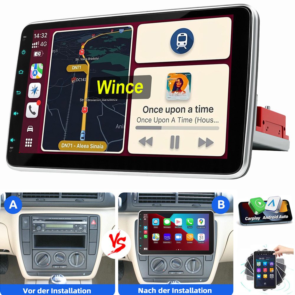 ESSGOO 10.1" Carplay Android Auto 1 DIN 360° Drehbar Bildschirm Autoradio Navigationsgerät (Carplay Android Auto Bluetooth FM AM RDS GPS)