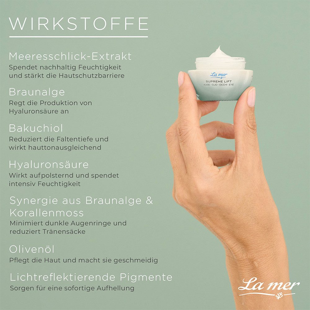 La mer Anti-Aging-Augencreme Supreme Lift Anti-Age Augencreme – glättende Augenpflege, Straffende Augencreme mit Bakuchiol & lichtreflektierenden Pigmenten, für einen frischen, wachen Blick