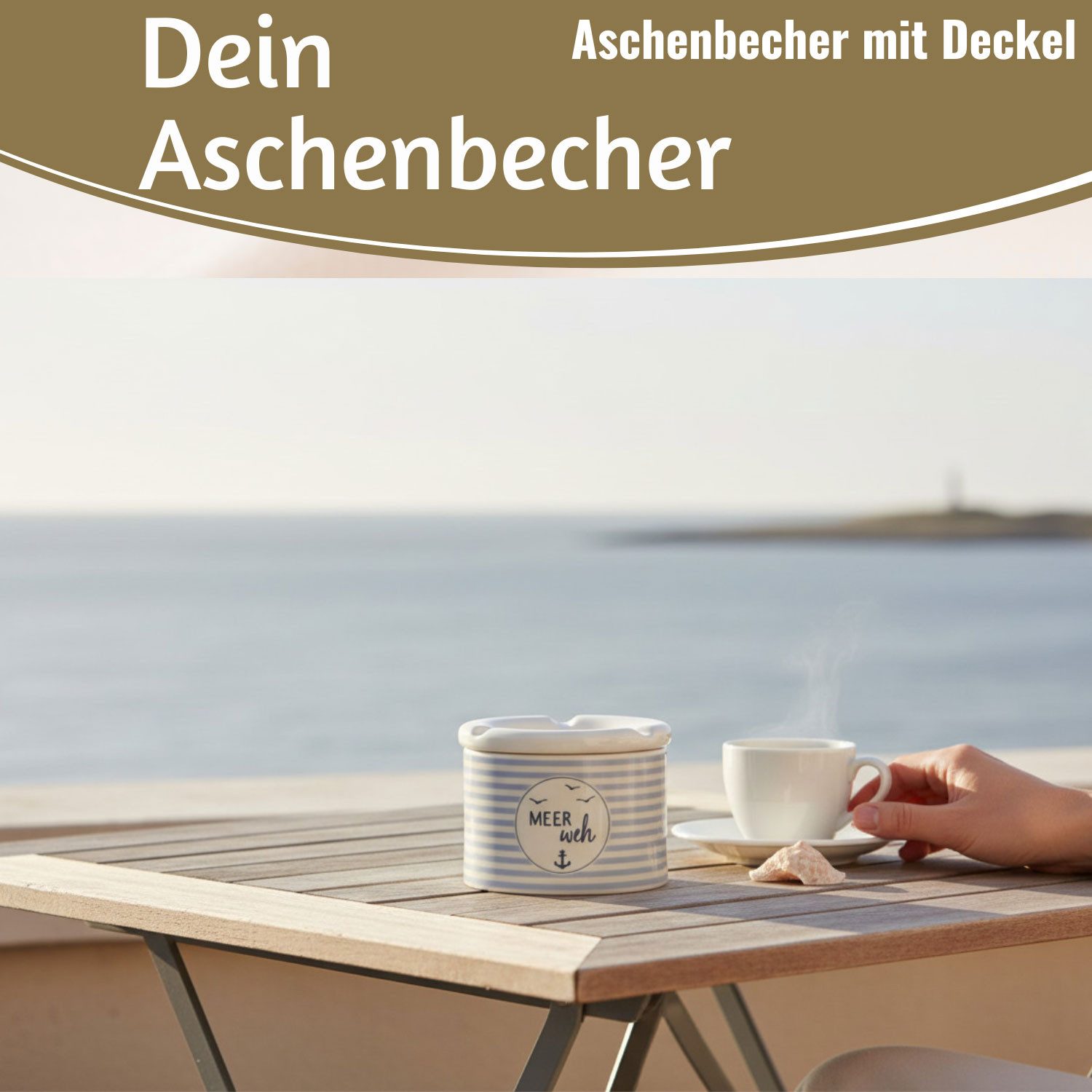 LS-LebenStil Aschenbecher Sturmaschenbecher Meer-Weh 10x7,5cm Maritim Weiß Blau mit Deckel, Windaschenbecher Ashtray Tischaschenbecher Garten Balkon Deko