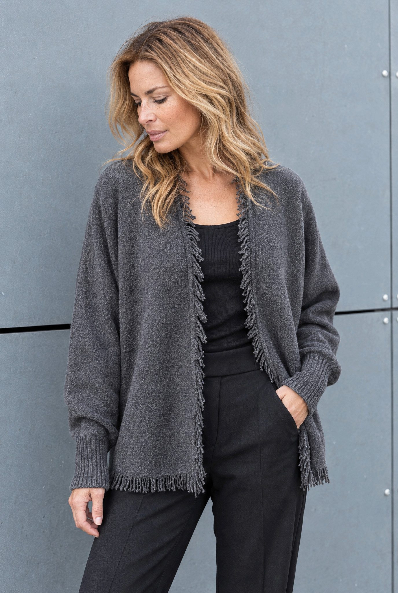 six-o-seven Strickjacke Damen Strickjacke Anthrazit Fransen Cardigan Baumwolle Herbst Winter