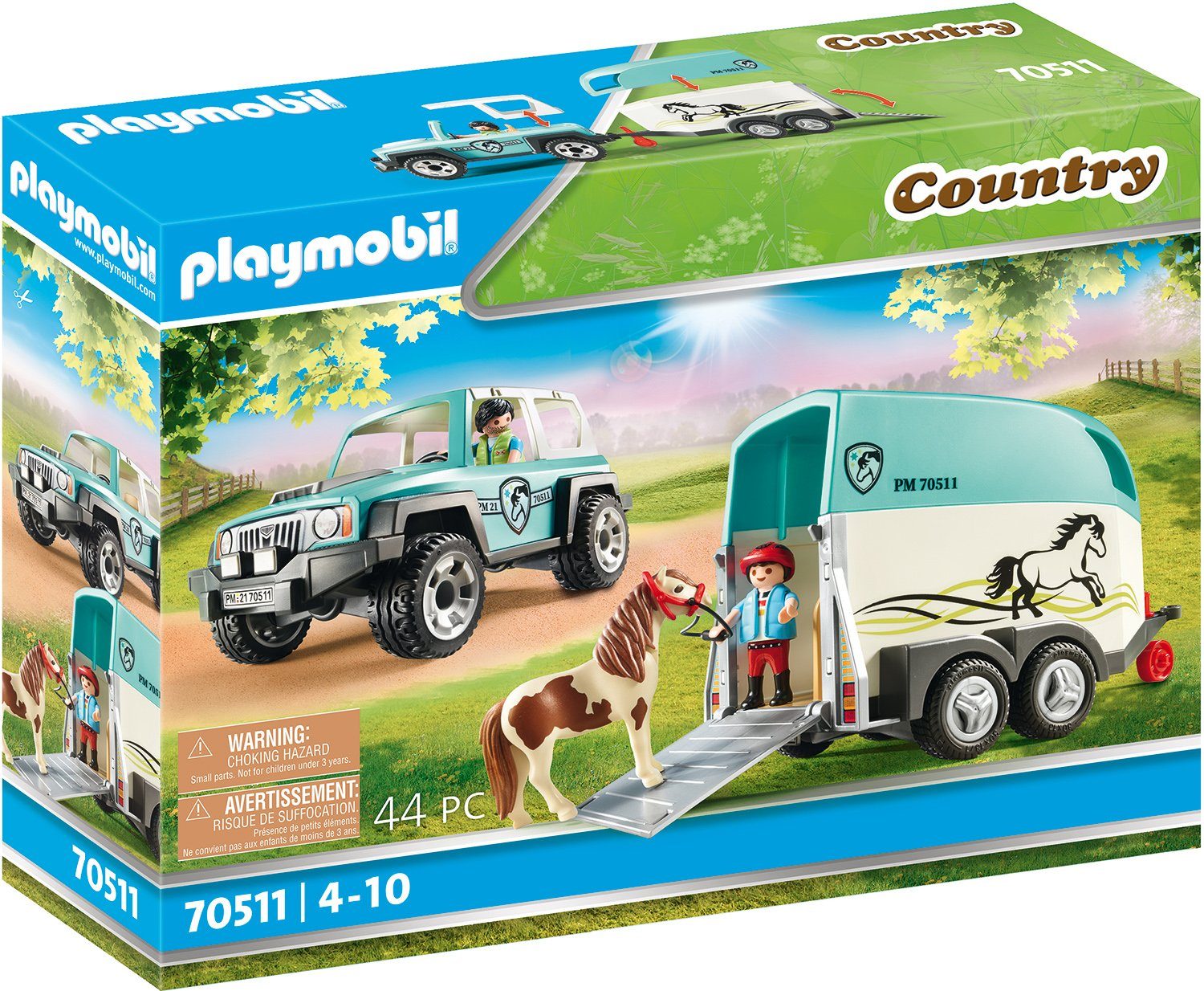 Playmobil® Country, Made Germany (44 St), mit in PKW Konstruktions-Spielset Ponyanhänger (70511),