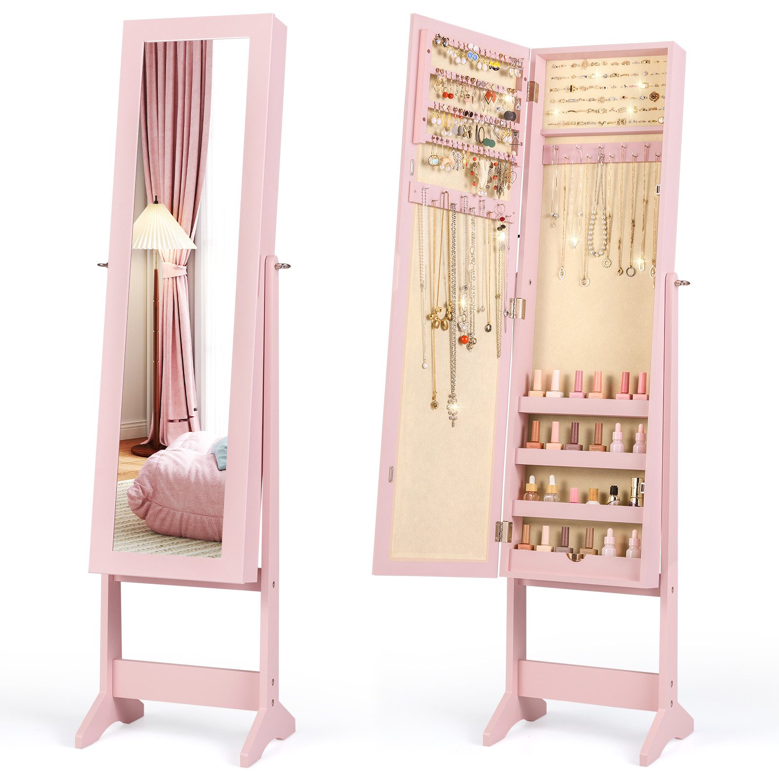 COSTWAY Schmuckregal mit Ganzkörperspiegel, Schmuckschrank neigbar, Schmuckständer