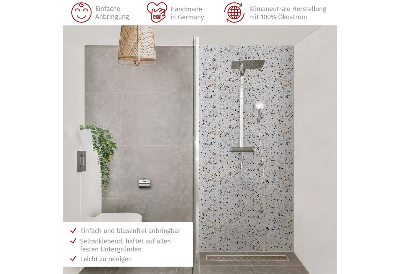 Thumbnail - Bilderdepot24 Badrückwand Terrazzo weiß Duschrückwand ohne Bohren Dusche Muster, (1-tlg., Hart-Folie Premium matt 0,61 m...