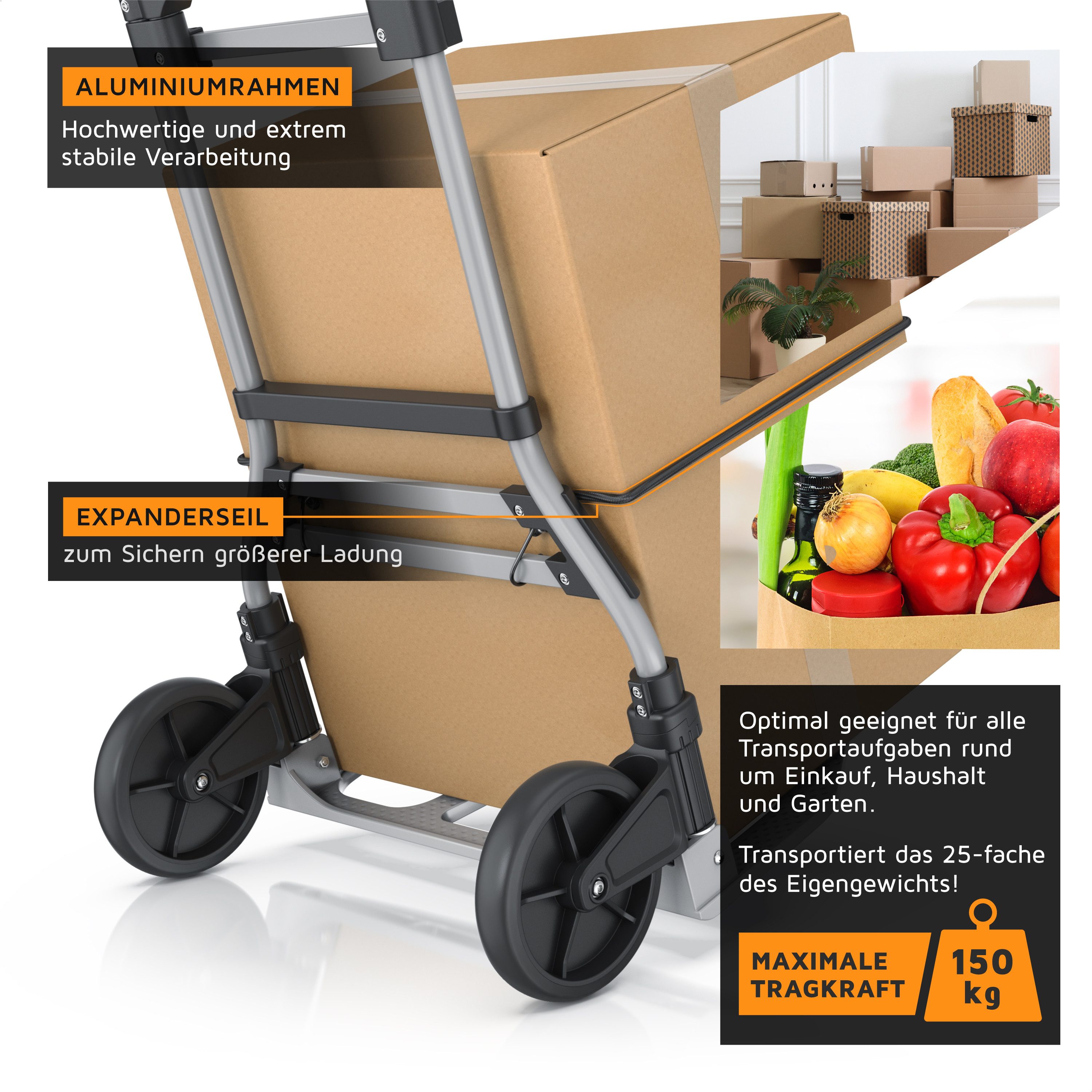 Brandson Sackkarre Transportkarre klappbar mit 150 kg Last Vollgummireifen & Expanderseil, (1-St), Aluminium, Anti-Rutsch-Kerben, Griff arretierbar 115 cm