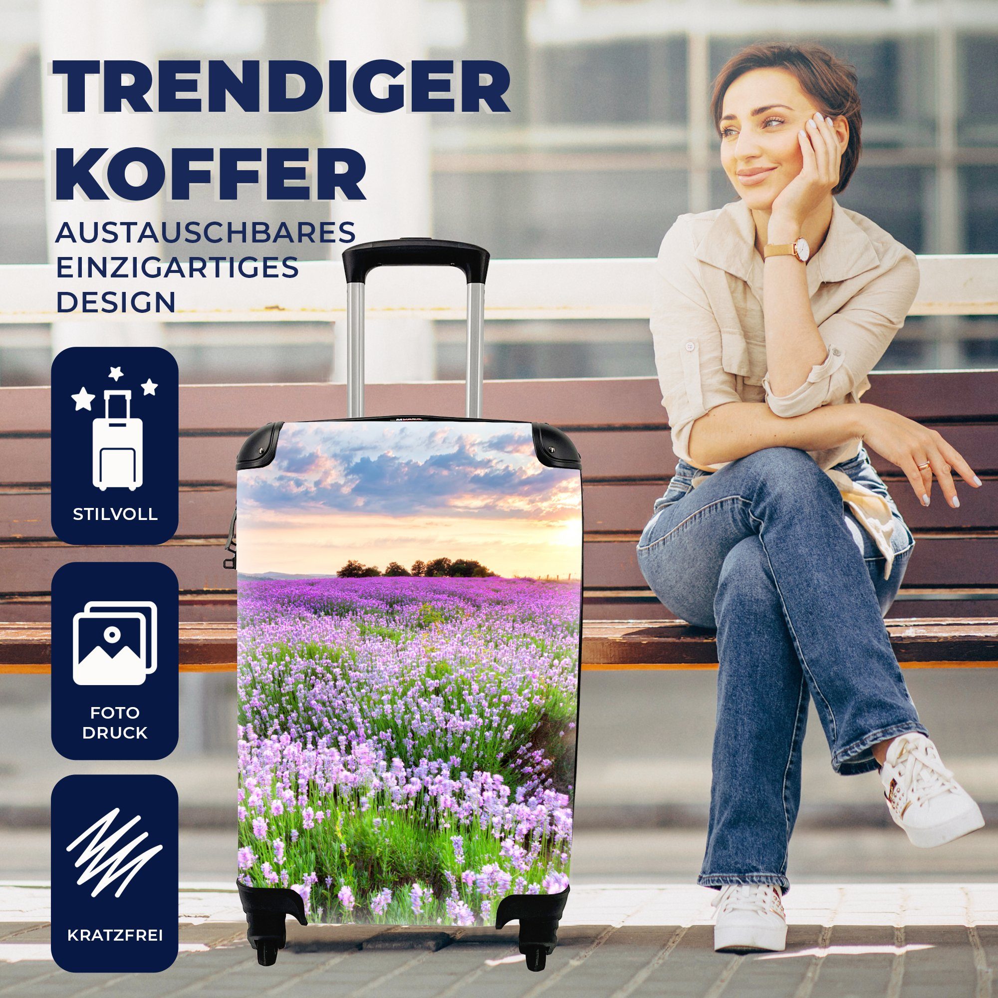 - Handgepäckkoffer mit Blumen Reisekoffer 4 Sonnenuntergang - - Trolley, Rollen, MuchoWow - rollen, Wiese, für Ferien, Lila Reisetasche Lavendel Handgepäck