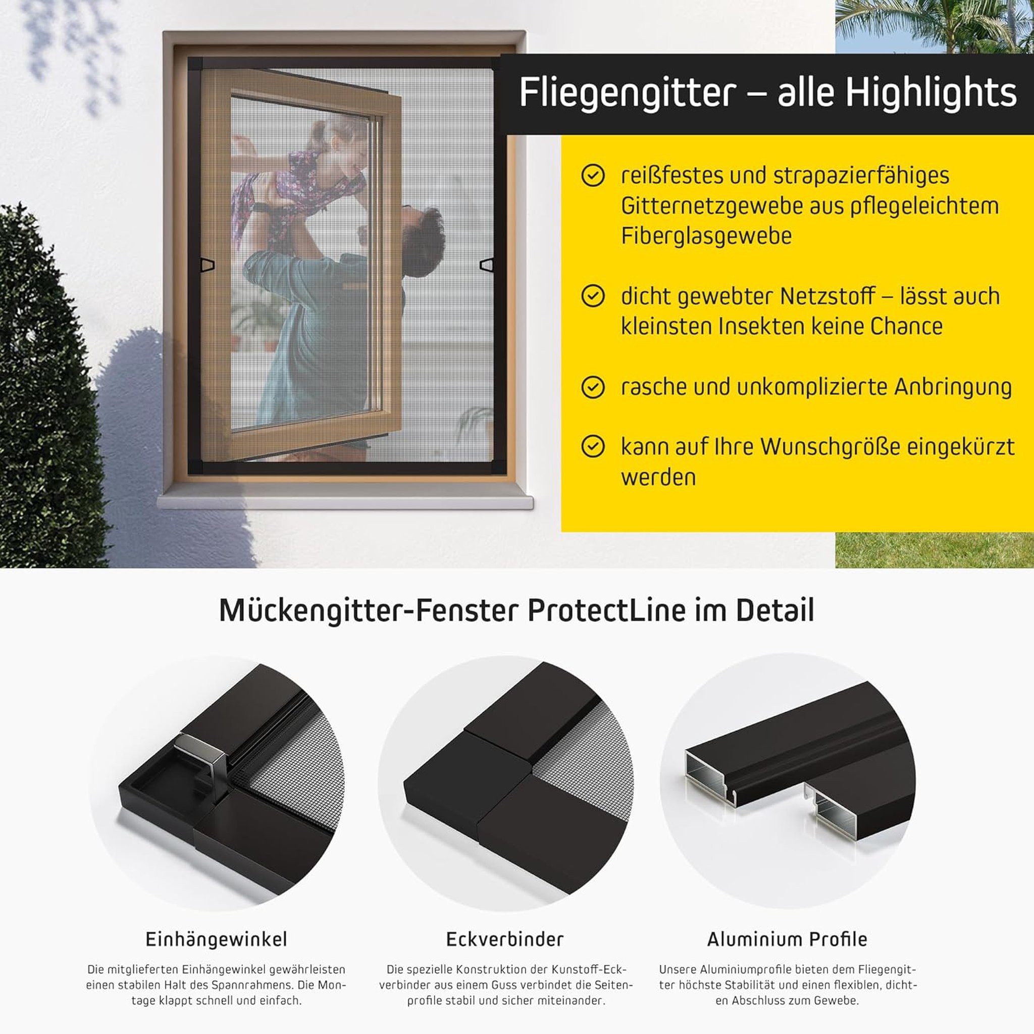 jalousiescout Insektenschutz-Fensterrahmen Fliegengitter Fenster Spannrahmen mit Alurahmen 60x80 fest Braun, (1-St), freie Sicht, luftdurchlässig, zwei Größen, ProtectLine