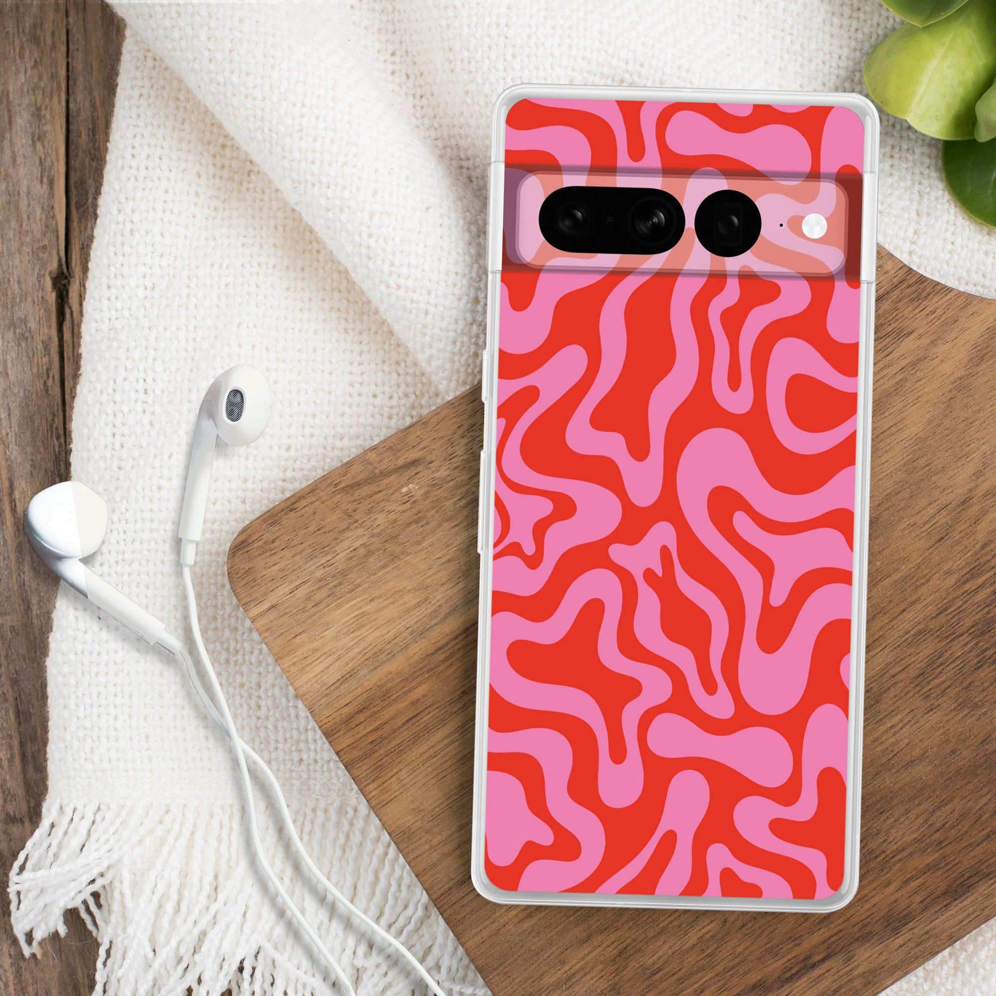 MuchoWow Handyhülle für Google Pixel 7 Pro Abstrakt - Muster - Rot - Rosa - Minimalistisch, Phone Case, Silikon, Schutzhülle Dünn