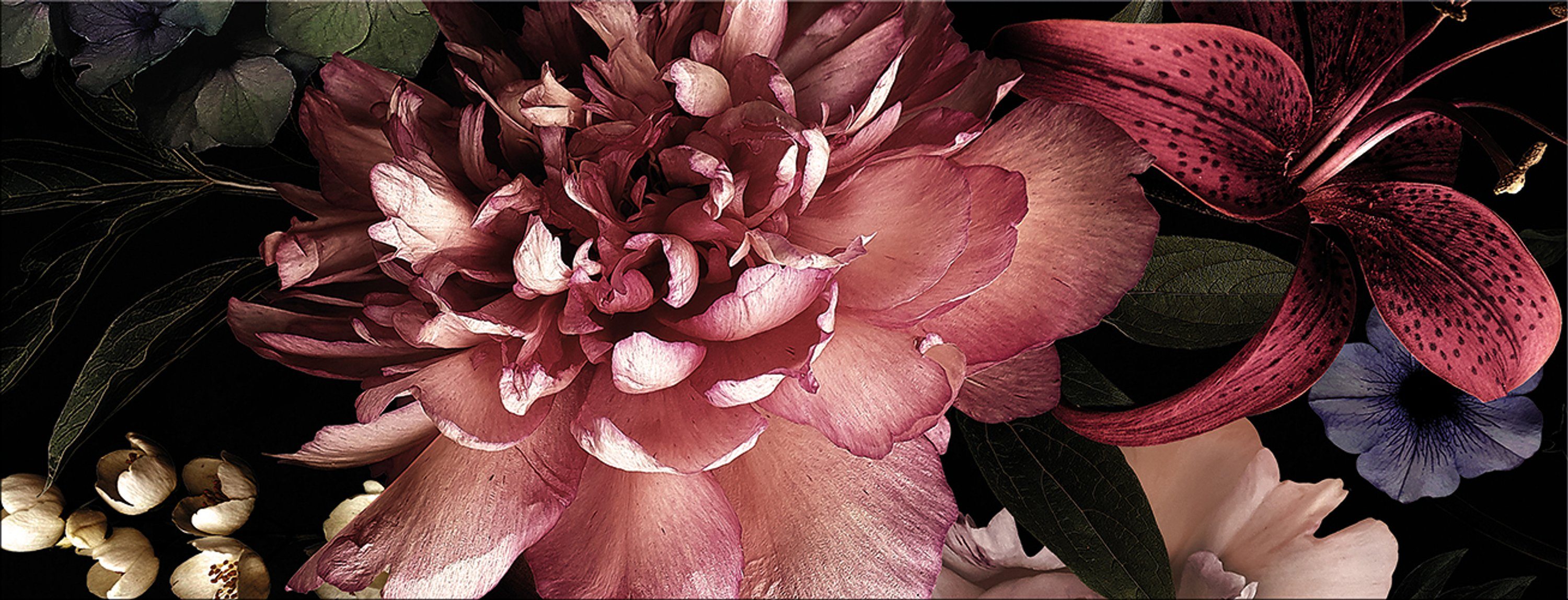 aus rosa Glasbild Vintage Glas 80x30cm Hintergrund Blumen Bild schwarz Blumen schwarzem auf Glasbild Blumen und artissimo Blüten: Wohnzimmer lila,