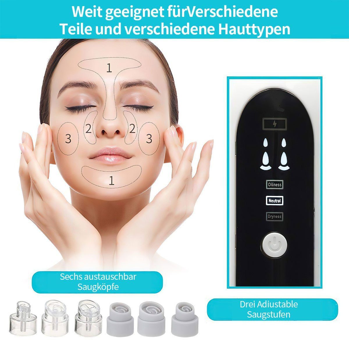 AURIVION Mitesserentferner Elektrischer Mitesserentferner mit 6 Ersatzspitzen, Set, 8-tlg., Mitesserentferner für porentiefe Reinigung und Hautpflege, Vakuum Porenreiniger für Gesicht & tiefenreine Haut