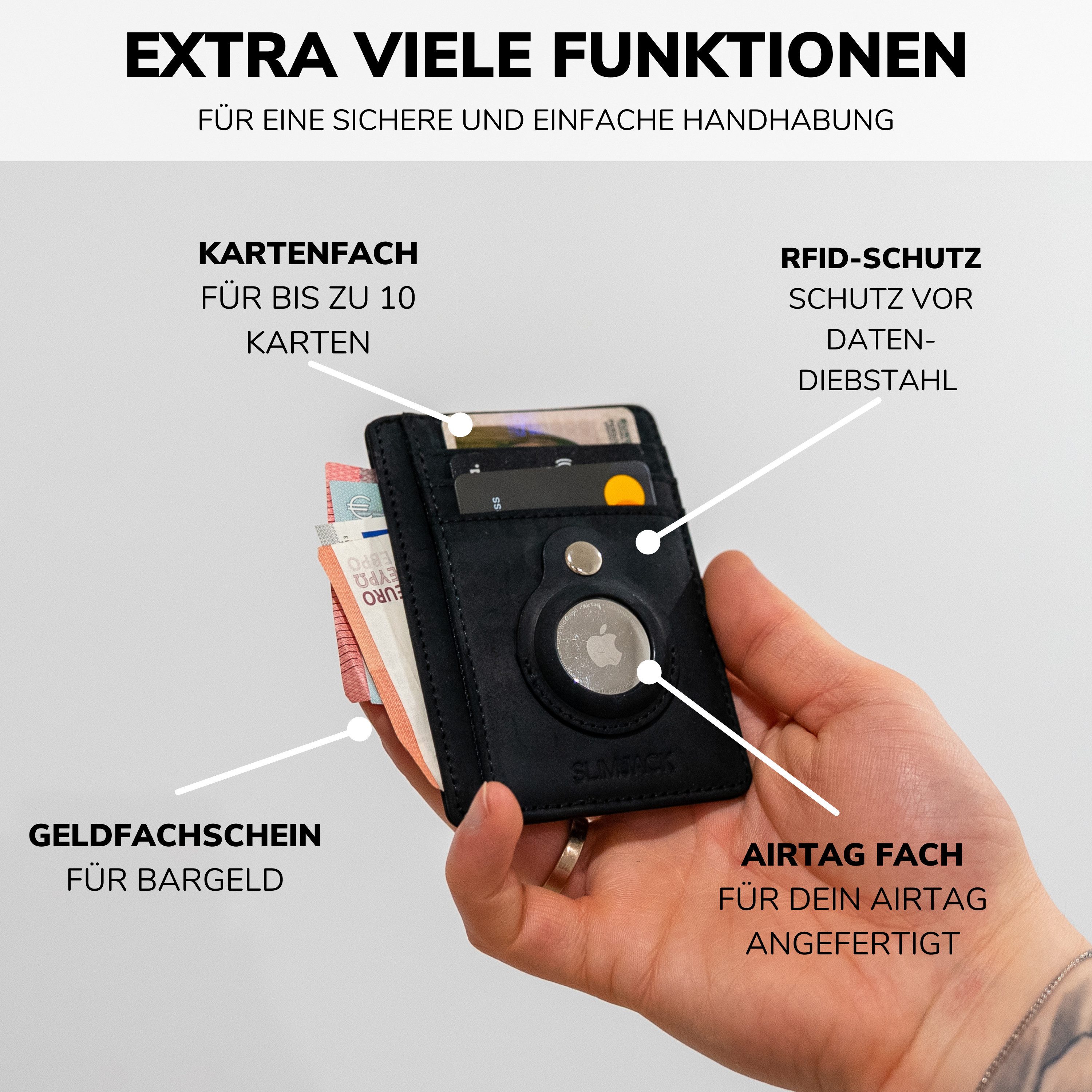 SLIMJACK Mini Geldbörse Apple AirTag Wallet - Herren - echt Leder - RFID-Schutz - Cardholder (Slim Wallet), - Kleiner Geldbeutel - Portemonnaie - Kartenhalter - Kreditkartenetui