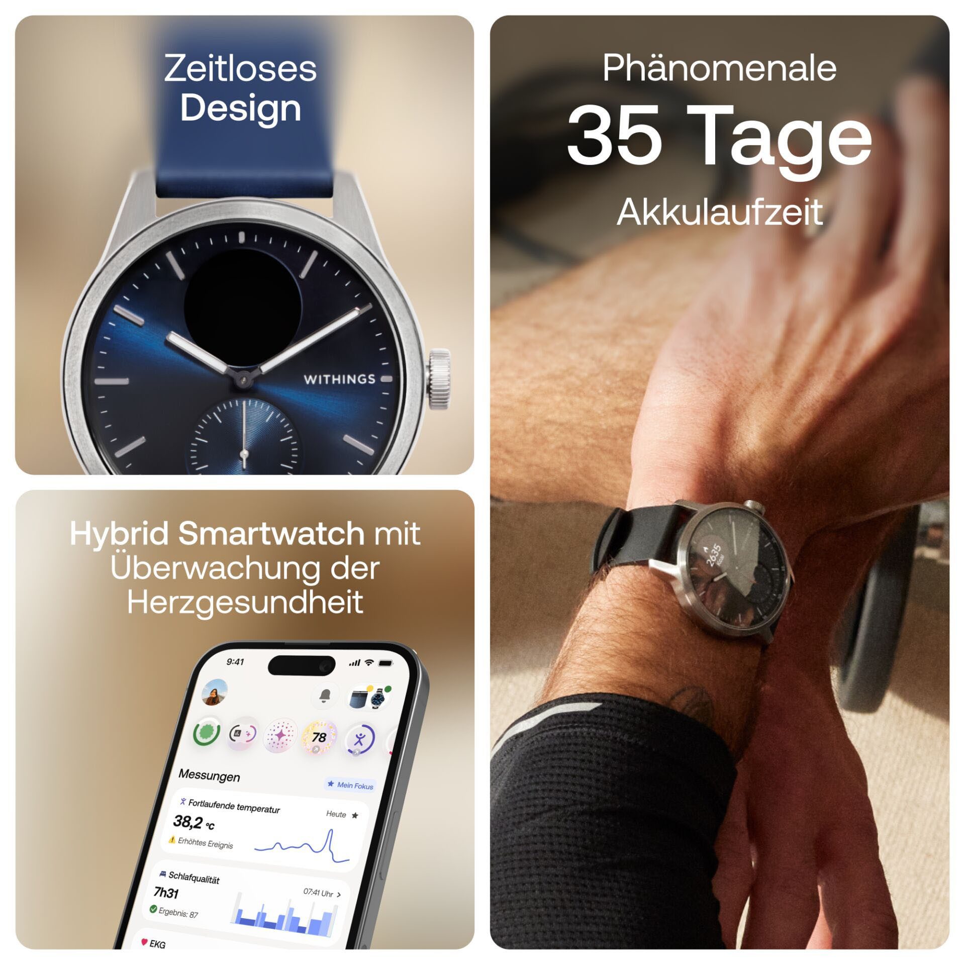 Withings Scanwatch 2 - Hybrid Smartwatch mit Überwachung der Herzgesundheit - Blau und 42 mm Blue