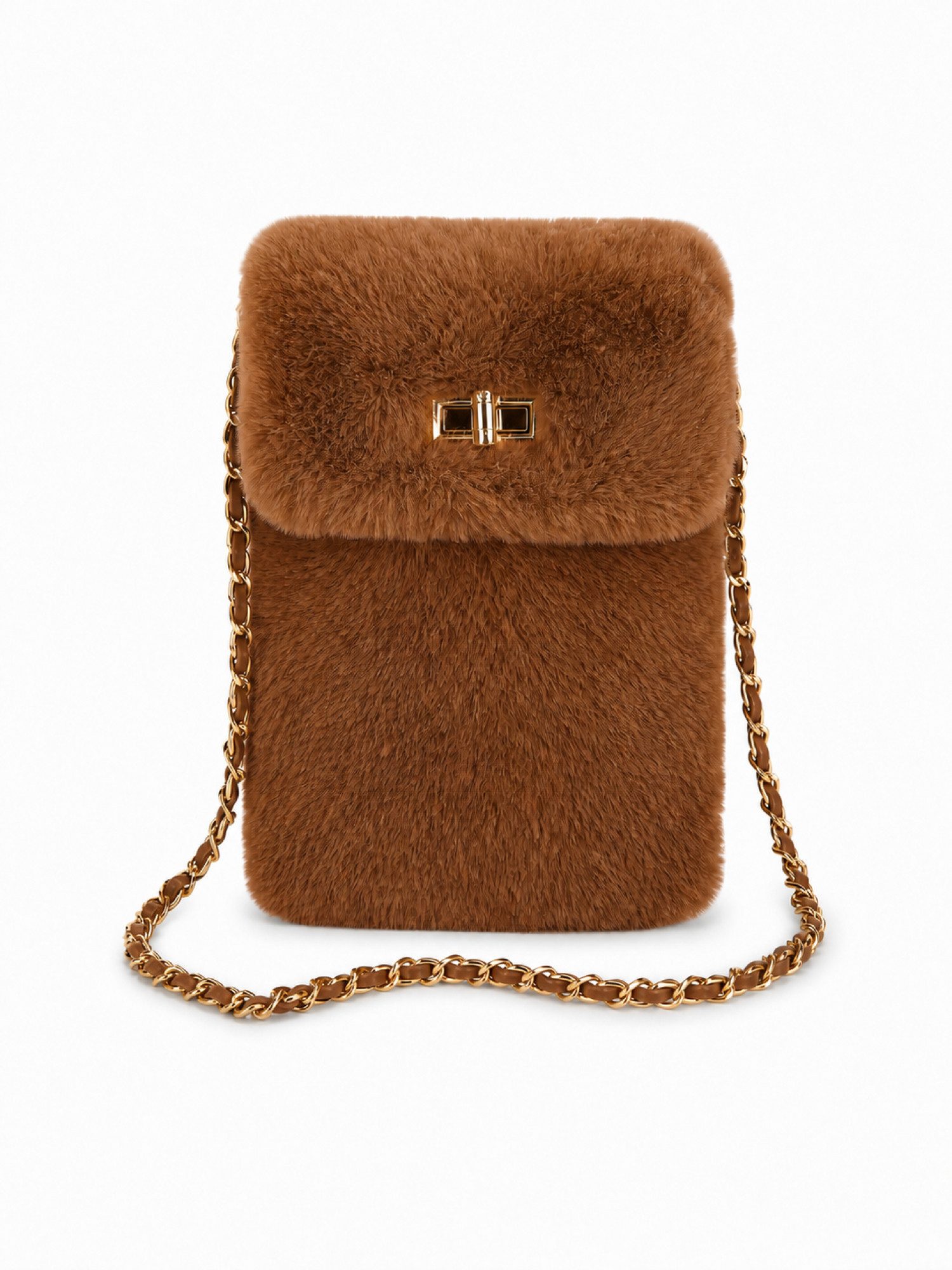 BRISE TASCHE Umhängetasche Mini Umhängetasche aus Kunstfell mit Kettenriemen, weiches Kunstfell, goldfarbener Kettenriemen, Drehverschluss