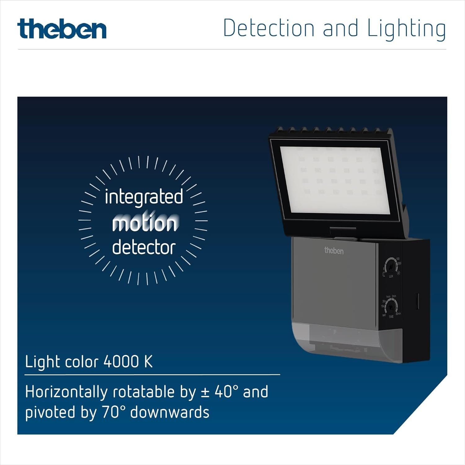 theben LED Wandstrahler LED-Wandleuchte theLeda S8-100 BK 1020801, horizontal um ± 40° drehbar / 70° nach unten schwenkbar, Wandbeleuchtung möglich, 180° Erfassung, 10 m Reichweite, LED fest eingebaut, neutralweiß, außen, integrierter Bewegungsmelder, 8,5 W, schwarz
