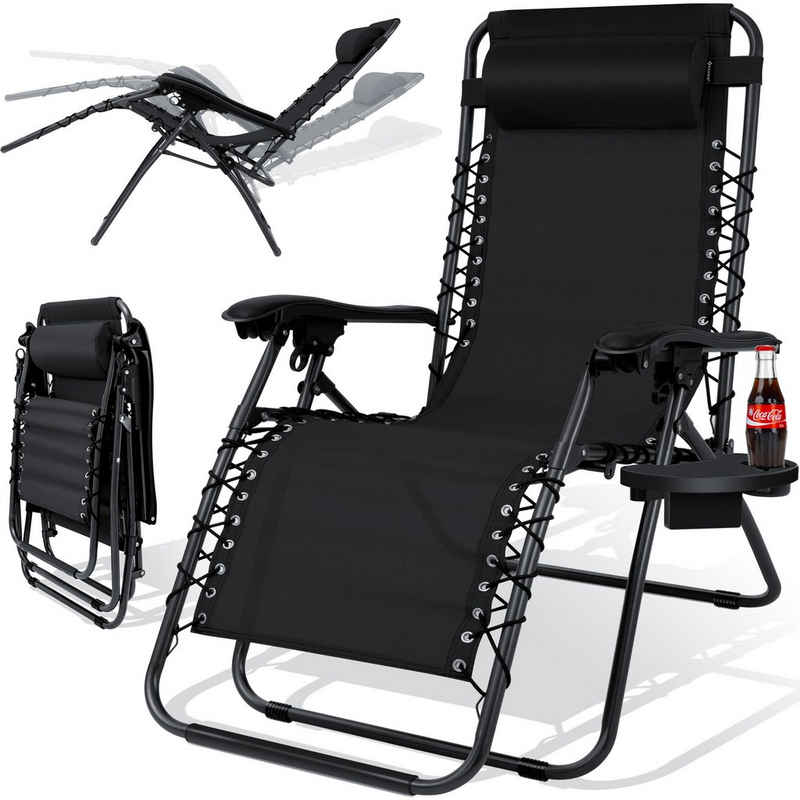KESSER Gartenliege, Outdoorliege Liegestuhl mit Getränkehalter verstellbare Rückenlehne Kopfpolster Kopfteil klappbar Stahlrahmen Hochlehnerliege Stuhl Garten ergonomisch