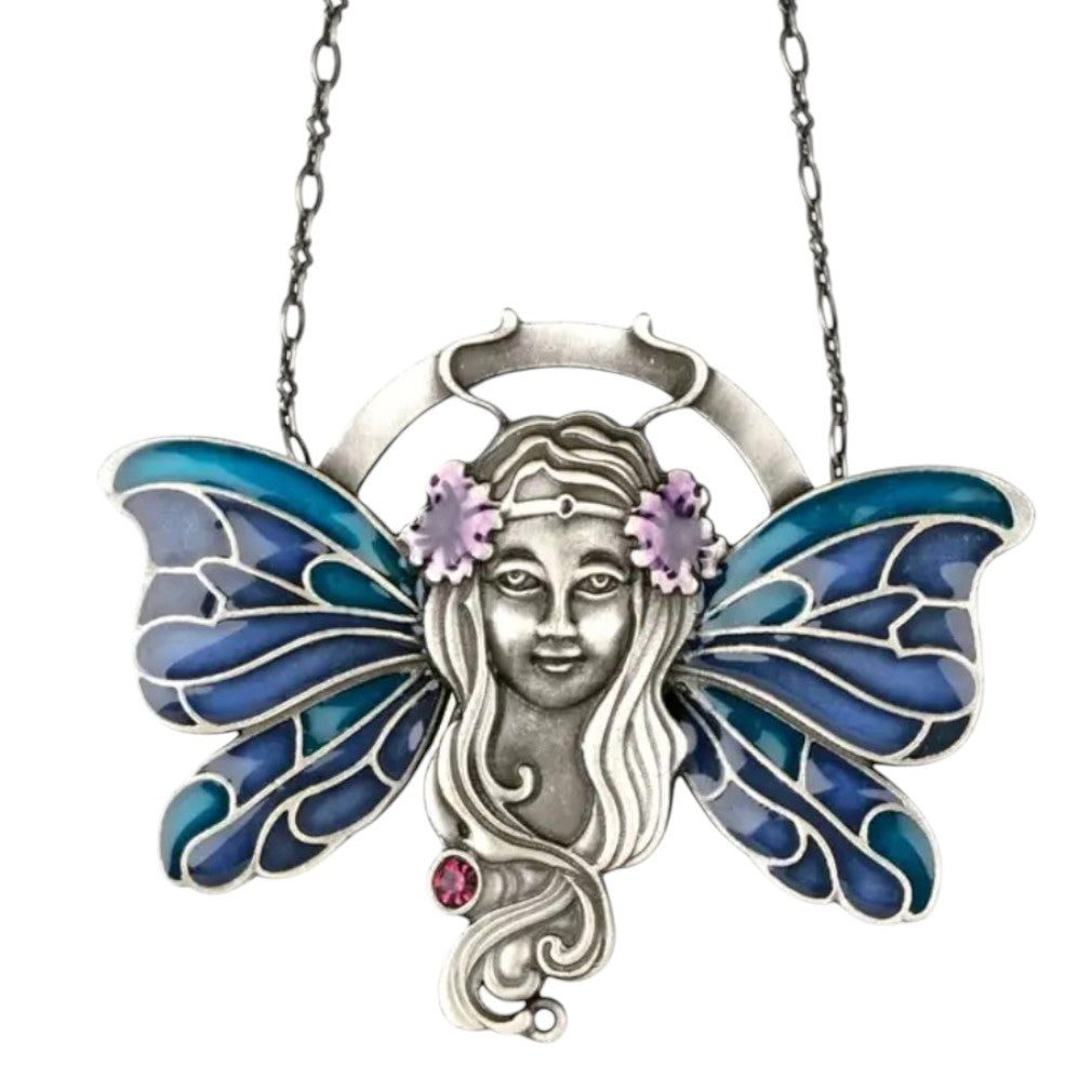 Dark-Desires Kette und Anhänger Set Jugendstil Fee Halskette – Blaue Flügel & Silber mit rosa Kristall