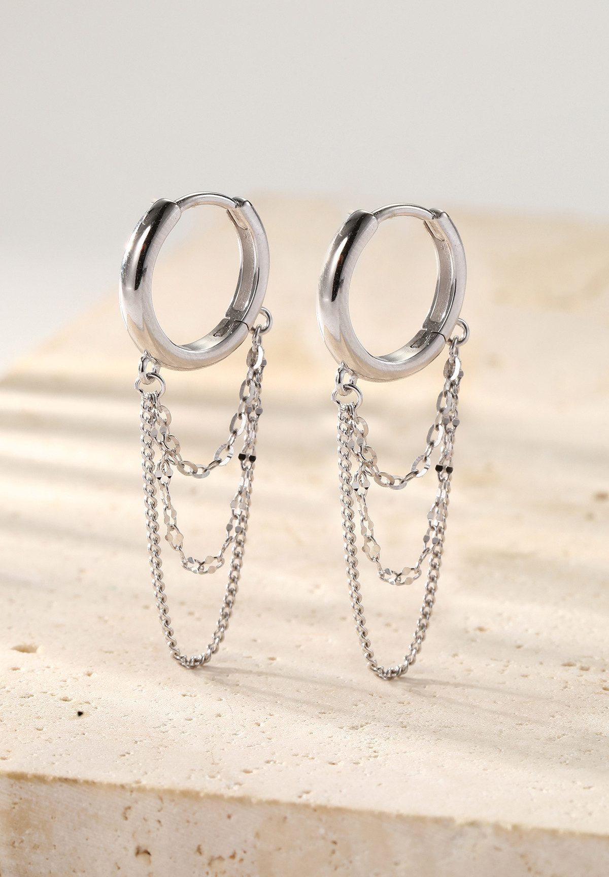 Hey Happiness Paar Ohrhänger Dreifache Kette & Creole, Moderne Damen Creolen 925 Silber, vergoldet