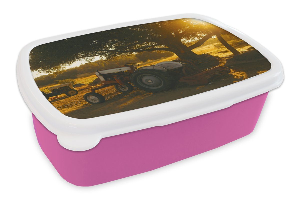 MuchoWow Lunchbox Traktor Landschaft, Brotbox Kunststoff Baum für Sonne Kinder, rosa (2-tlg), Kunststoff, Erwachsene, - Mädchen, - - Brotdose Snackbox