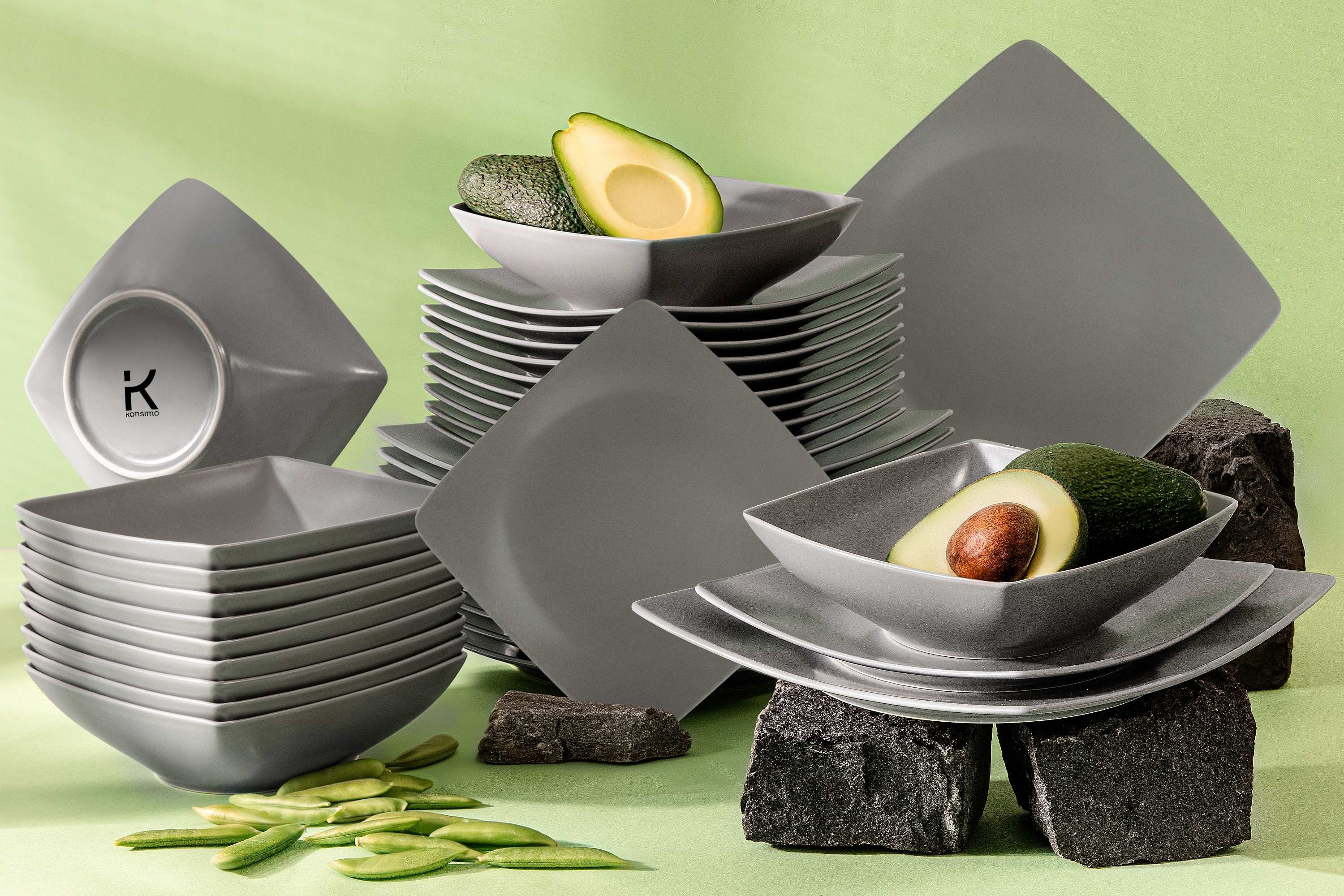 KONSIMO® Kombiservice EPIRI Tafelservice hergestellt in der EU, Modern, 12 Personen (36-tlg), 12 Personen, Keramik, quadratisch, Spülmaschinenfest Mikrowellenfest