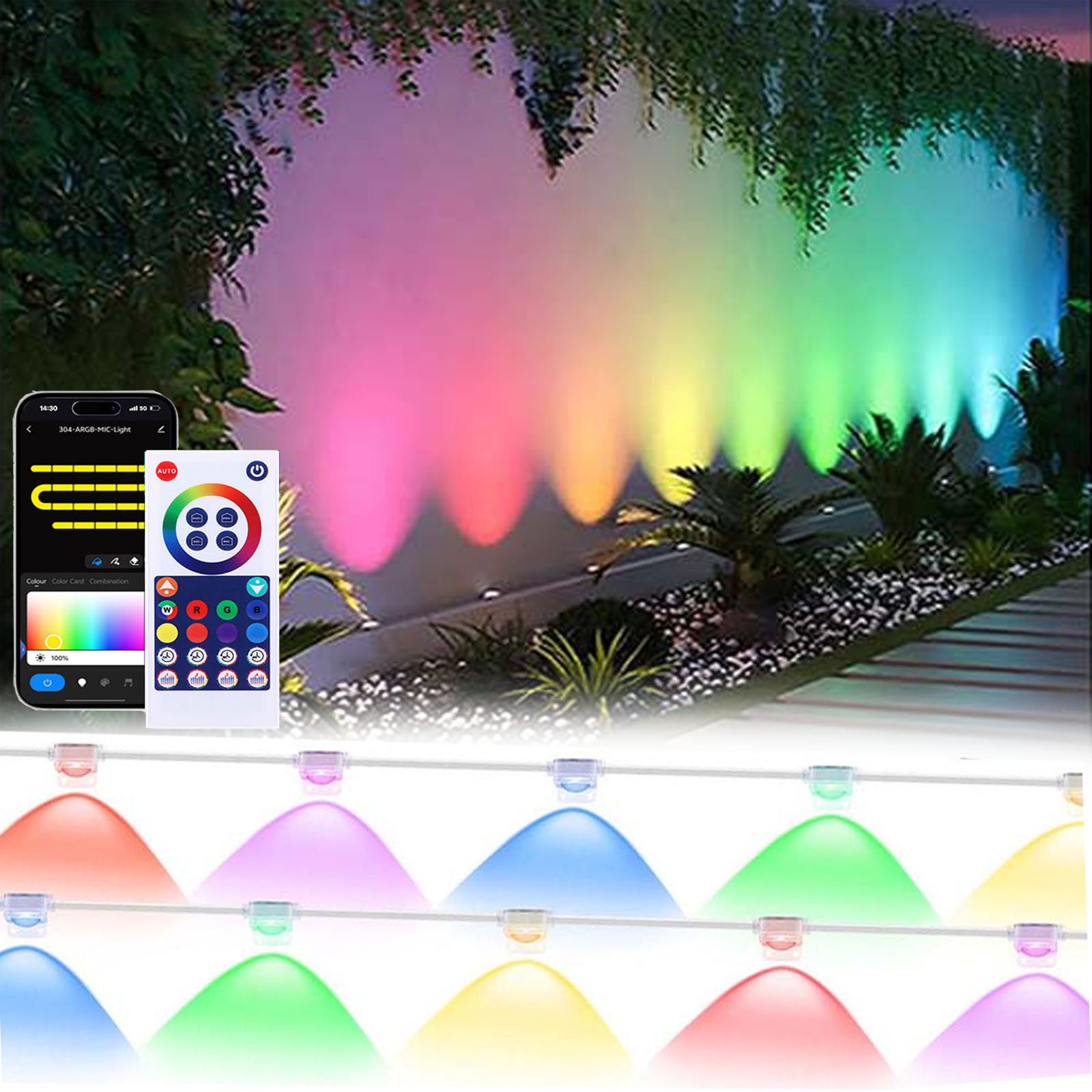 MUPOO LED-Streifen Smart Dachrinnenleuchten 15/30/45 m RGB ohne Bohren, Fernbedienung, WLAN-Funksteuerung, Alexa & Google, Musik synch