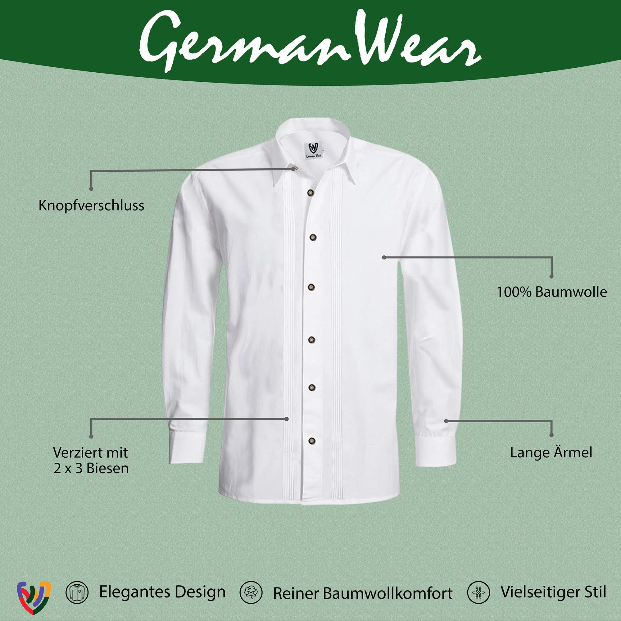 German Wear Trachtenhemd GW1264-L-Kentkragen Trachtenhemd Businesshemd 2x5 Biesen Hemd Langarm Baumwolle