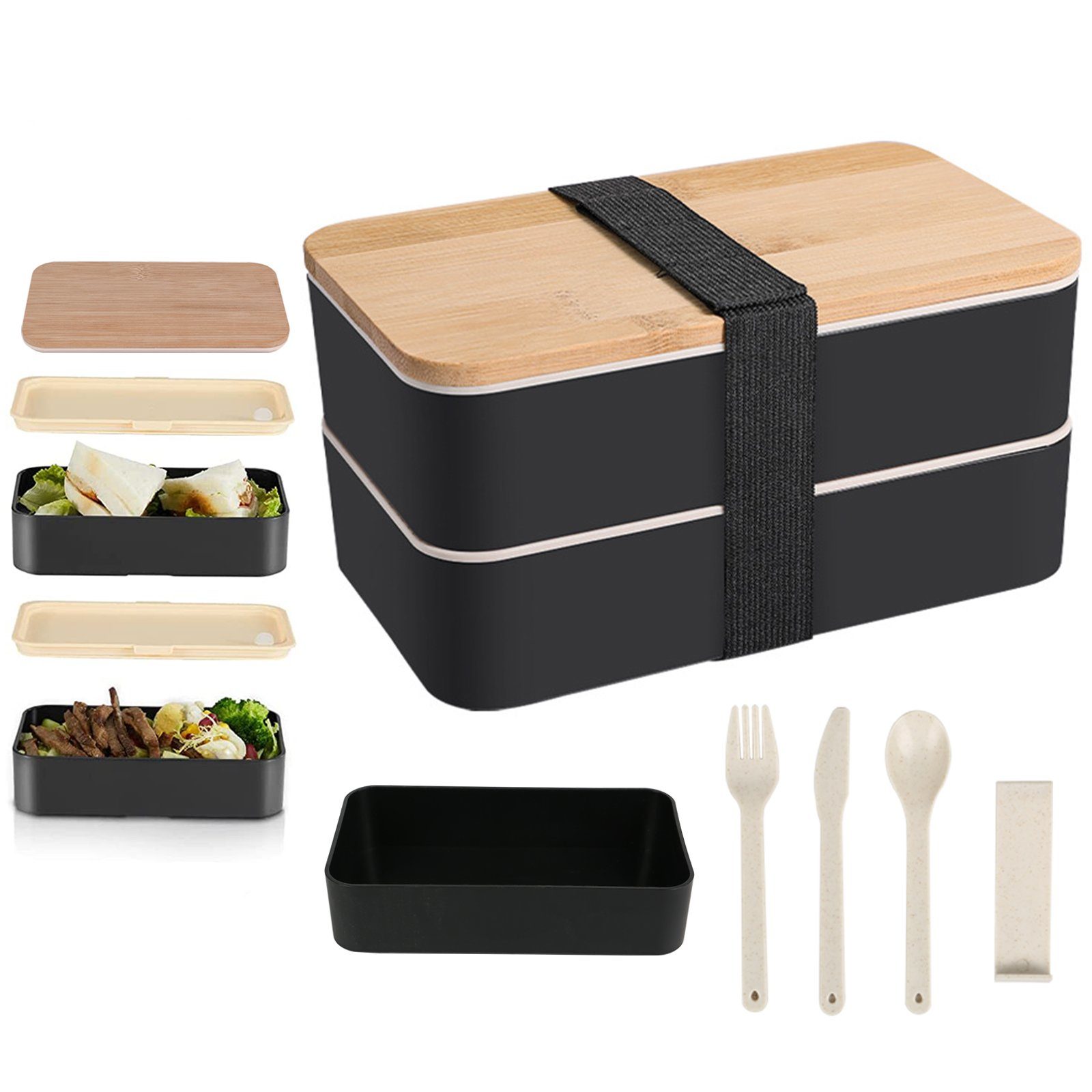 TWSOUL Lunchbox schwarz Lunch-Box im japanischen Stil, 1800ml /1200ml, Mikrowellengeeignet