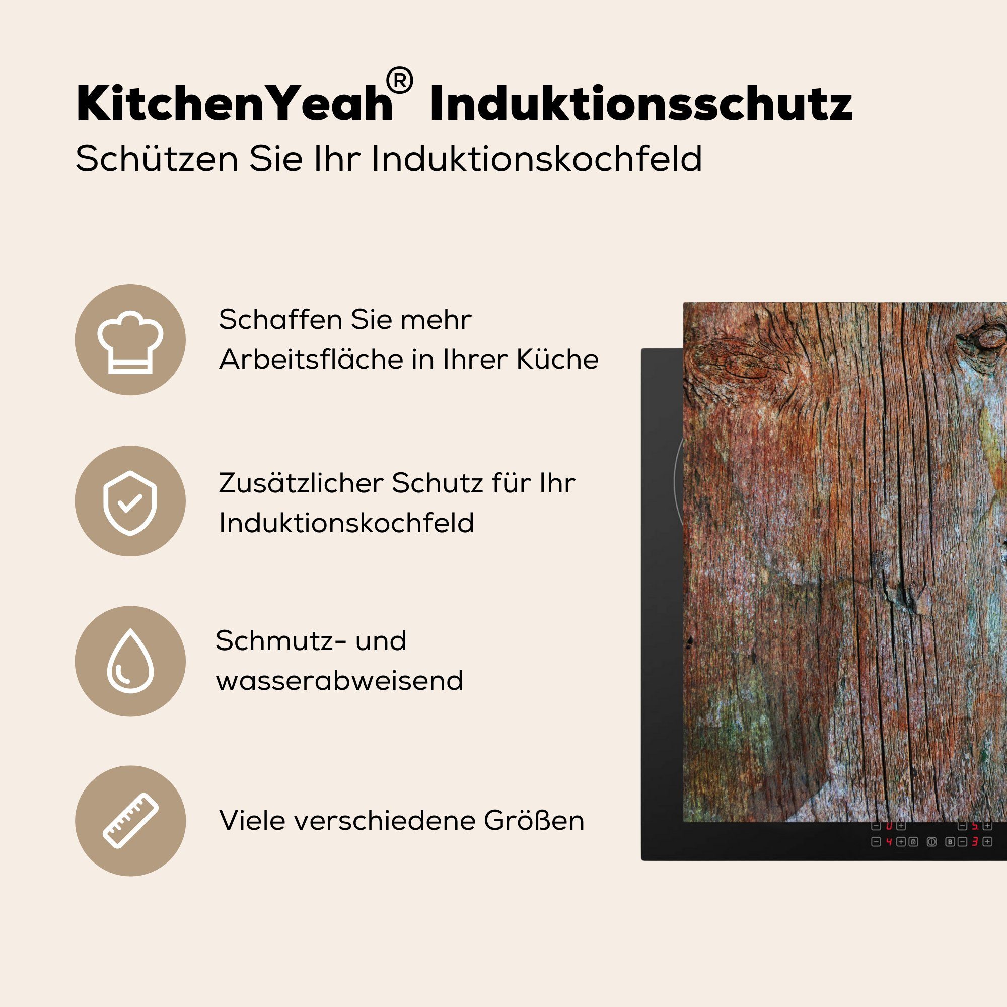 Ceranfeldabdeckung, Holz Arbeitsplatte küche - Regal tlg), Herdblende-/Abdeckplatte Rost, - MuchoWow Industriell cm, (1 für 78x78 - Vinyl,