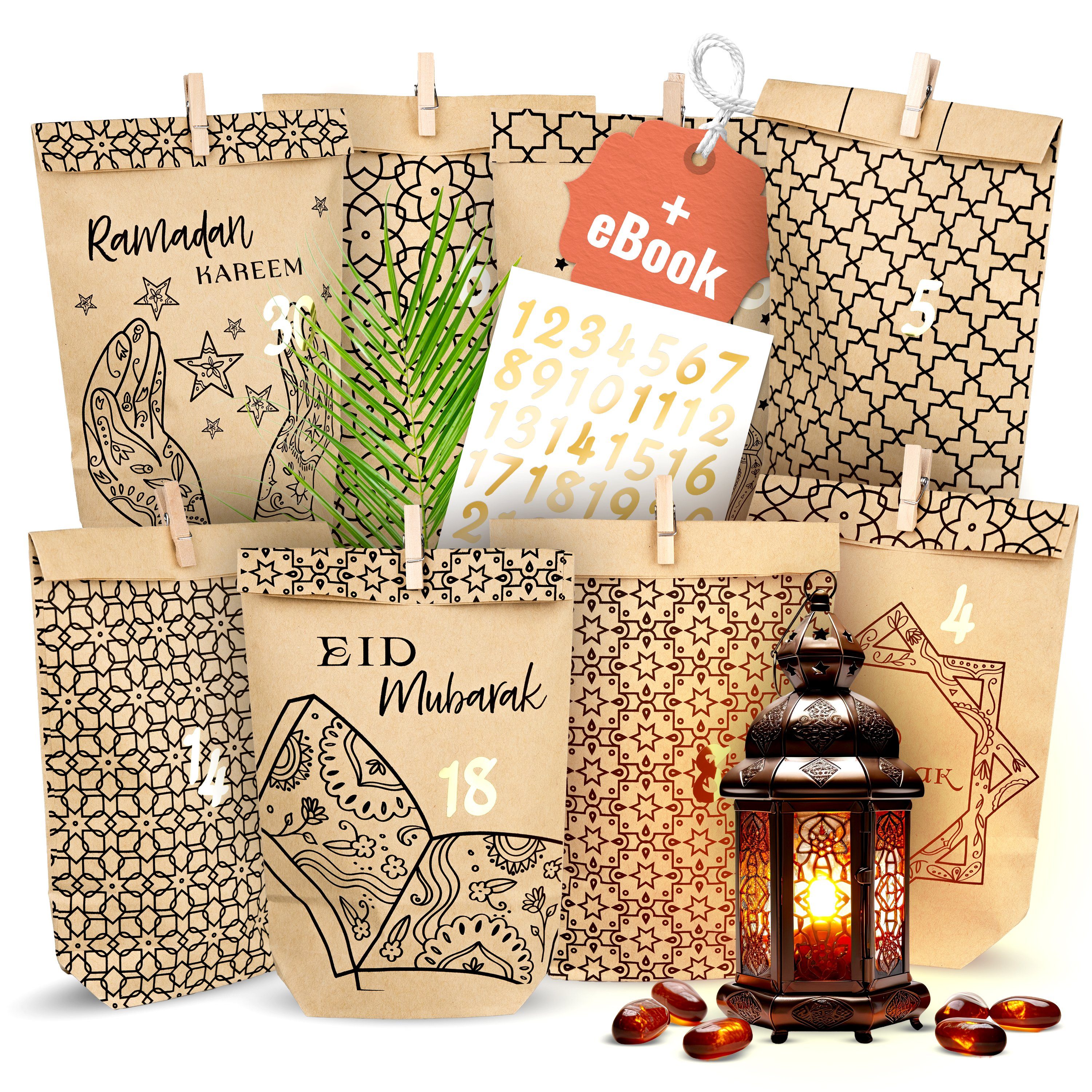 Amari Countdown Kalender Ramadan Tüten zum Selbstbefüllen für Kinder und Erwachsene, 30 Stk. inklusive Zahlenaufkleber & Klammern
