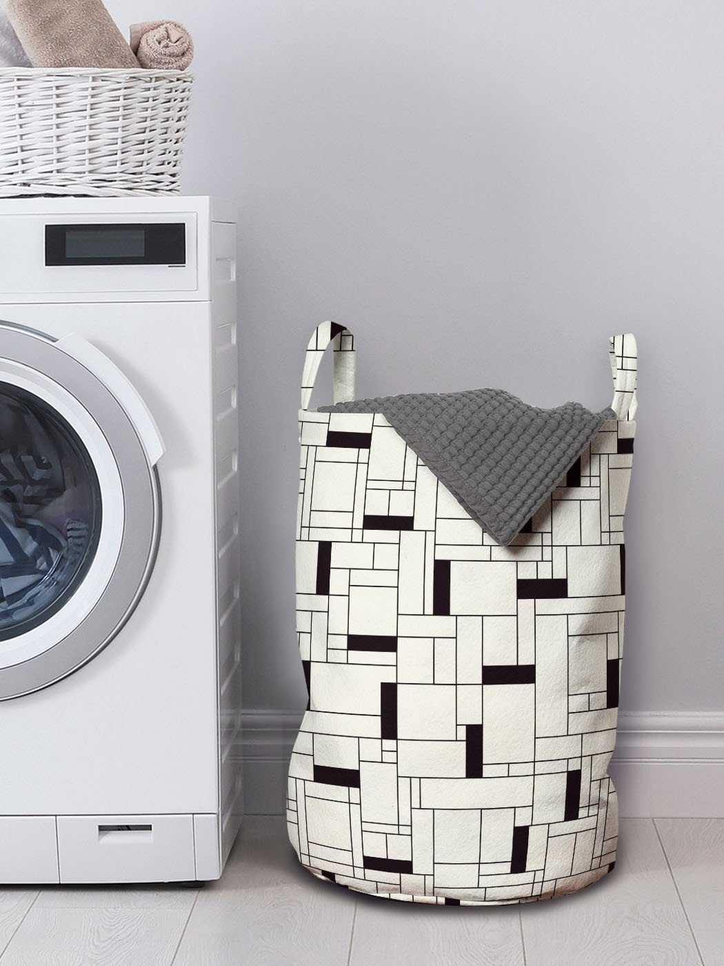 Gitter Moderne Griffen Wäschekorb Abakuhaus Rechteckige Wäschesäckchen für Geometrisch Waschsalons, Kordelzugverschluss mit