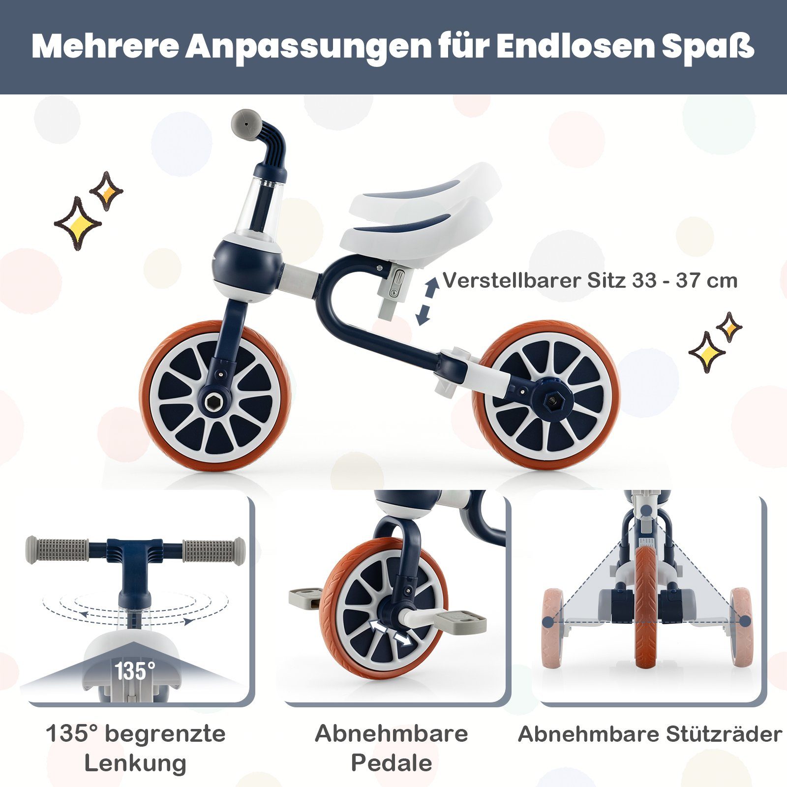 COSTWAY Dreirad 4 in 1 Laufrad, verstellbar, von 2-4 Jahren, bis 30kg