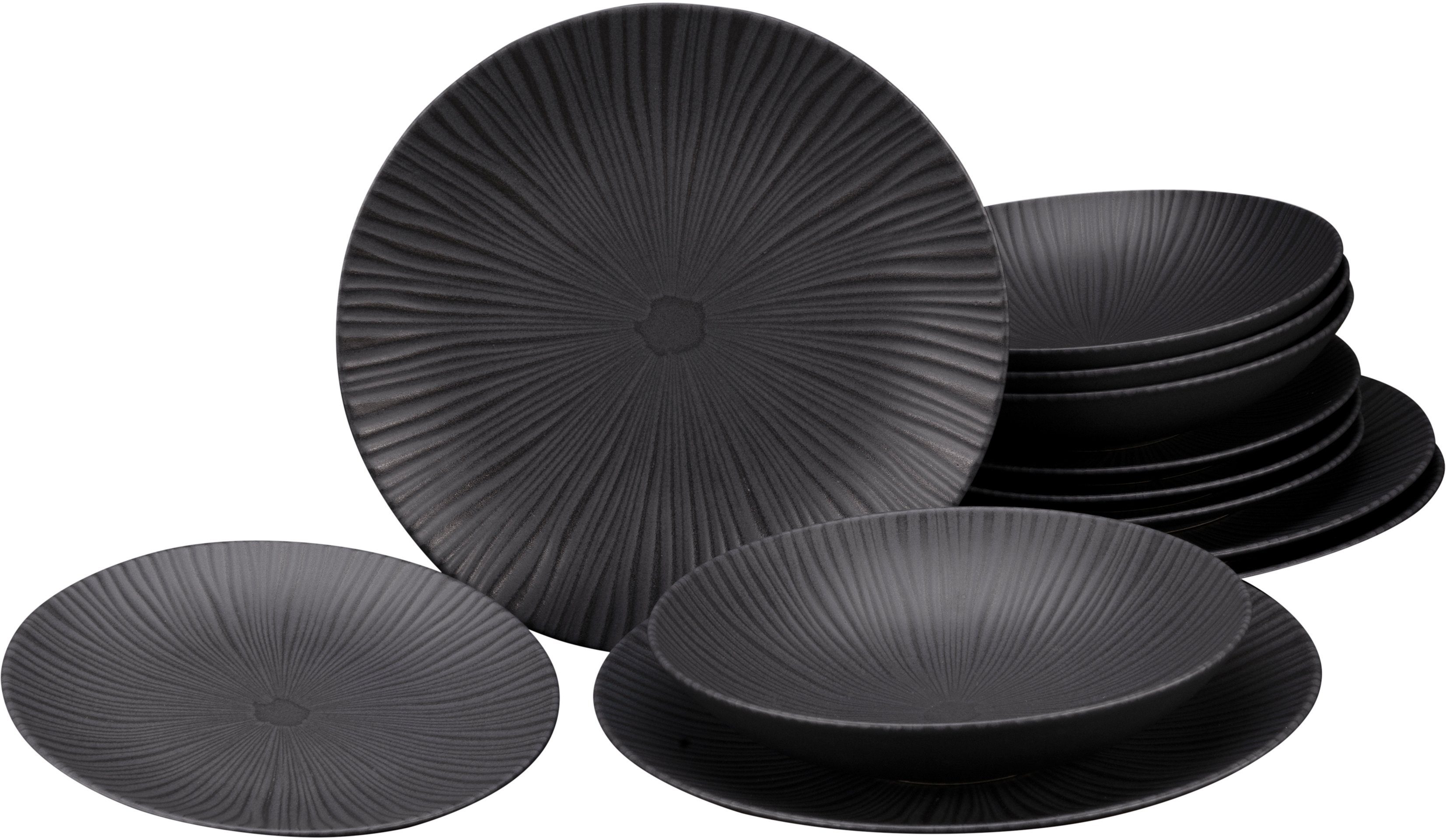 CreaTable Tafelservice Teller Set, Geschirr-Set Vesuvio (12-tlg), 4 Personen, Steinzeug, Service, schwarz, ausdrucksstarkes Relief, 12 Teile, für 4 Personen