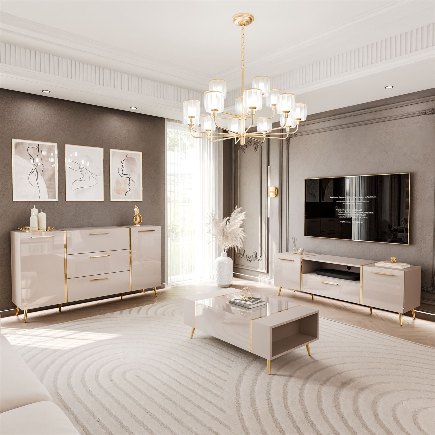 ALLHOUSE24 Wohnzimmer-Set DIAMANT Kaschmir Hochglanz GOLD Metallfüßen Wohnz günstig online kaufen