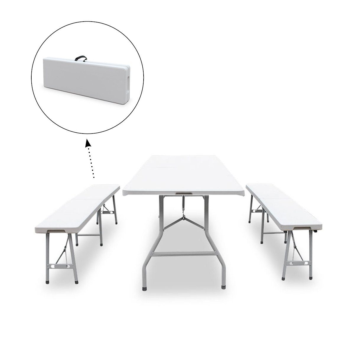 SVITA Bierzeltgarnitur Buffettisch mit Bänken weiß 180cm (3er Set), (Set, 3-tlg., Tisch mit 2 Bänken 3-tlg), Tragbar, klappbar, pflegeleicht