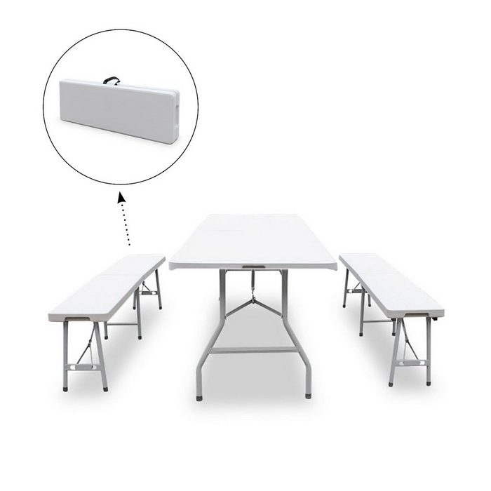 SVITA Bierzeltgarnitur Buffettisch mit Bänken weiß 180cm (3er Set) (Set 3-tlg. Tisch mit 2 Bänken 3-tlg) Tragbar klappbar pflegeleicht