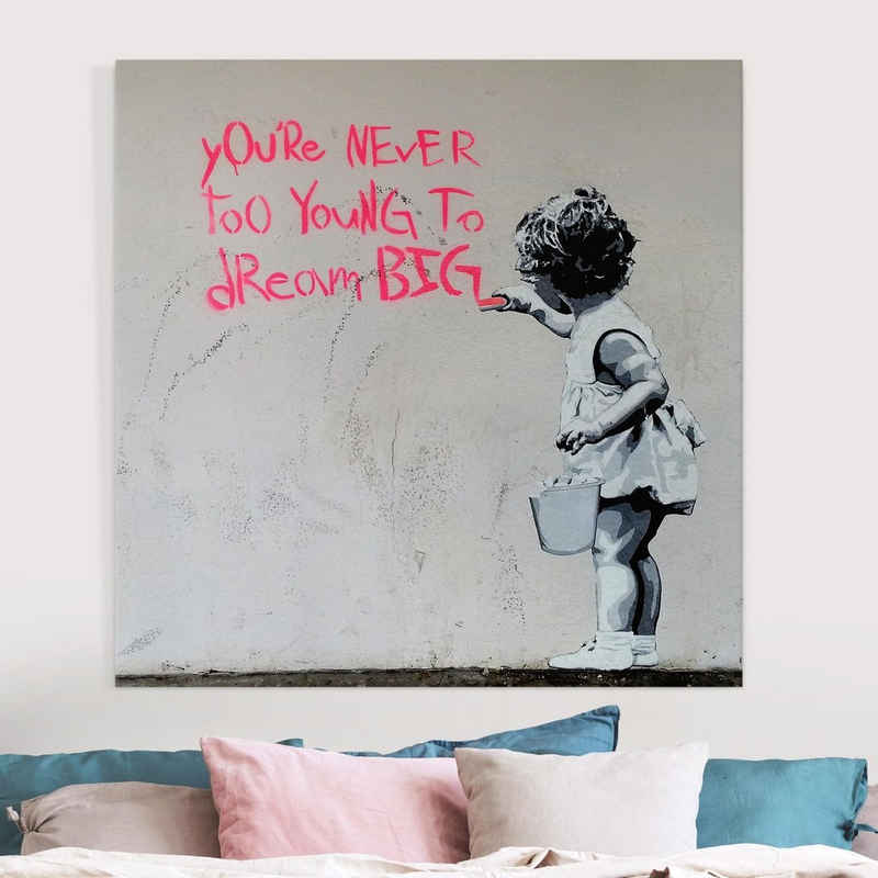 Bilderdepot24 Leinwandbild Kunstdruck Dream Big Brandalised ft. Graffiti Banksy Bild grau pink, Bild auf Leinwand; Leinwanddruck in vielen Größen
