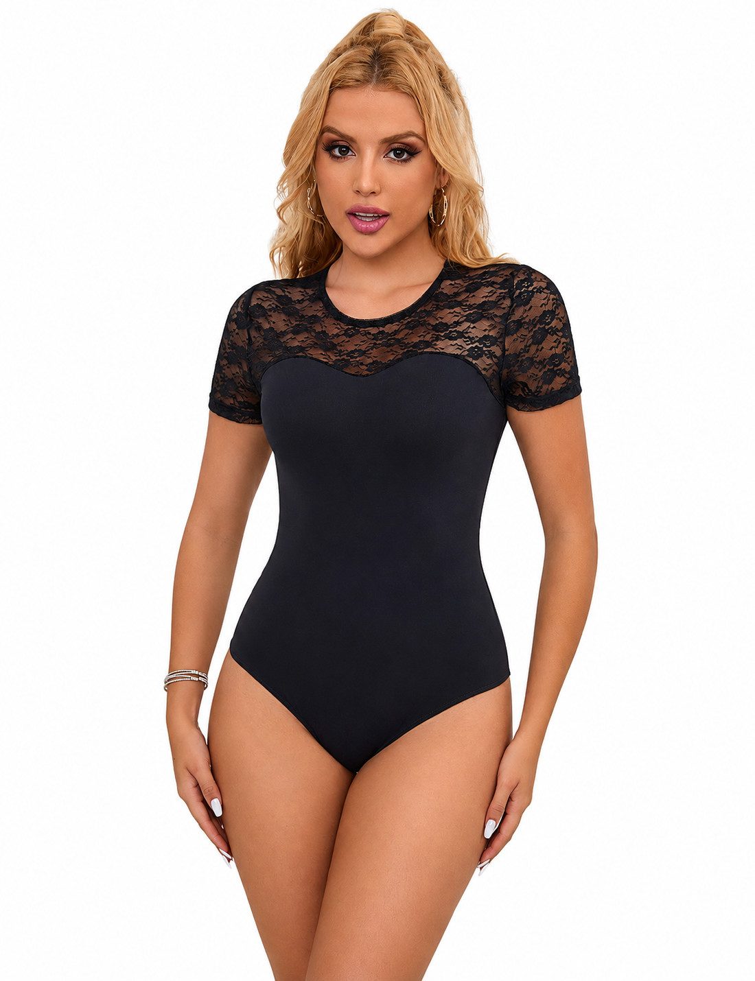 HO-Ersoka Kurzarmbody Body kurzarm blickdicht mit Spitzen Einteiler modisch schwarz sexy, elegant