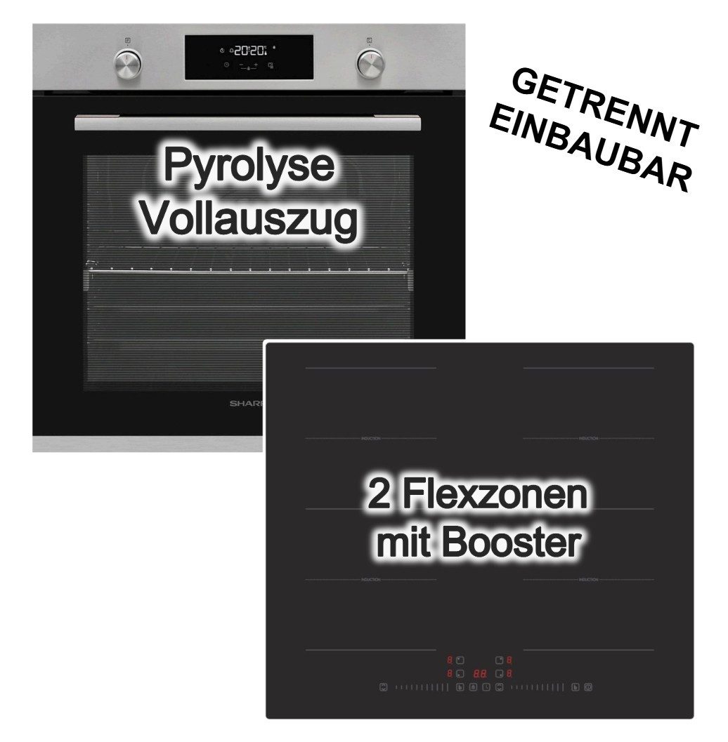 Sharp Backofen-Set Pyrolyse Vollauszug+ PKM Induktionskochfeld Flexzonen Booster autark, mit 1-fach Vollauszug, Pyrolyse-Selbstreinigung