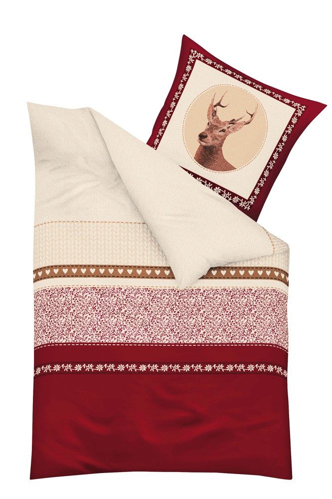 Kaeppel Bettwäsche 135x200cm Waldtiere mit Herzen Rot Sand, Biber, 2 teilig, Rehbock, Hirsch mit Herzen