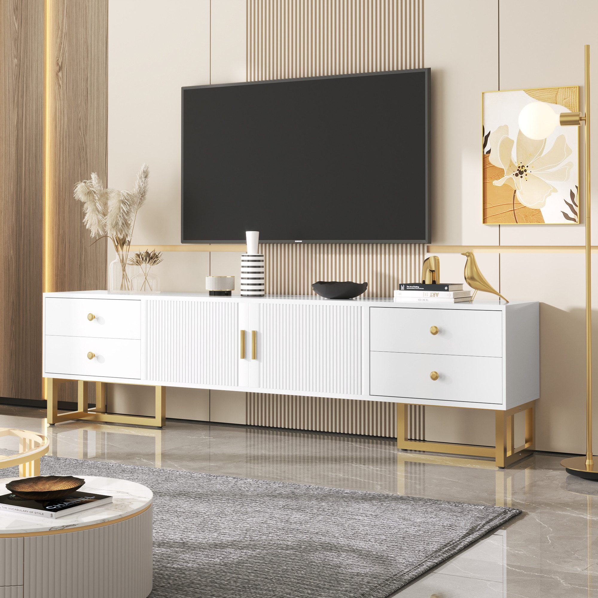 Lowboard mit Schubladen,TV-Schrank Fernsehschrank mit goldenen Griffen&Füßen