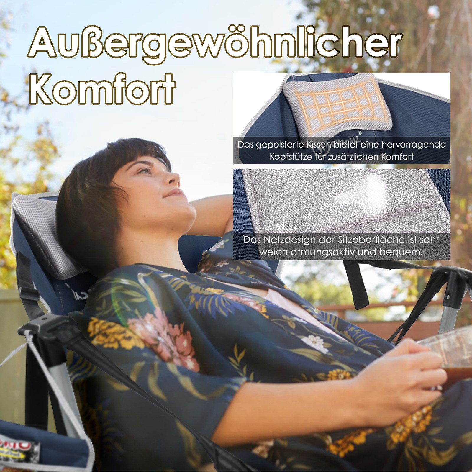 HOMECALL Campingstuhl Stühleschaukelstuhl outdoor Klappstuhl Faltbare Hängestuhl (Biz 180 KG, mit verstellbarer Rückenlehne, Lordosenstütze und Kopfstütze) – Bild 4 von 5