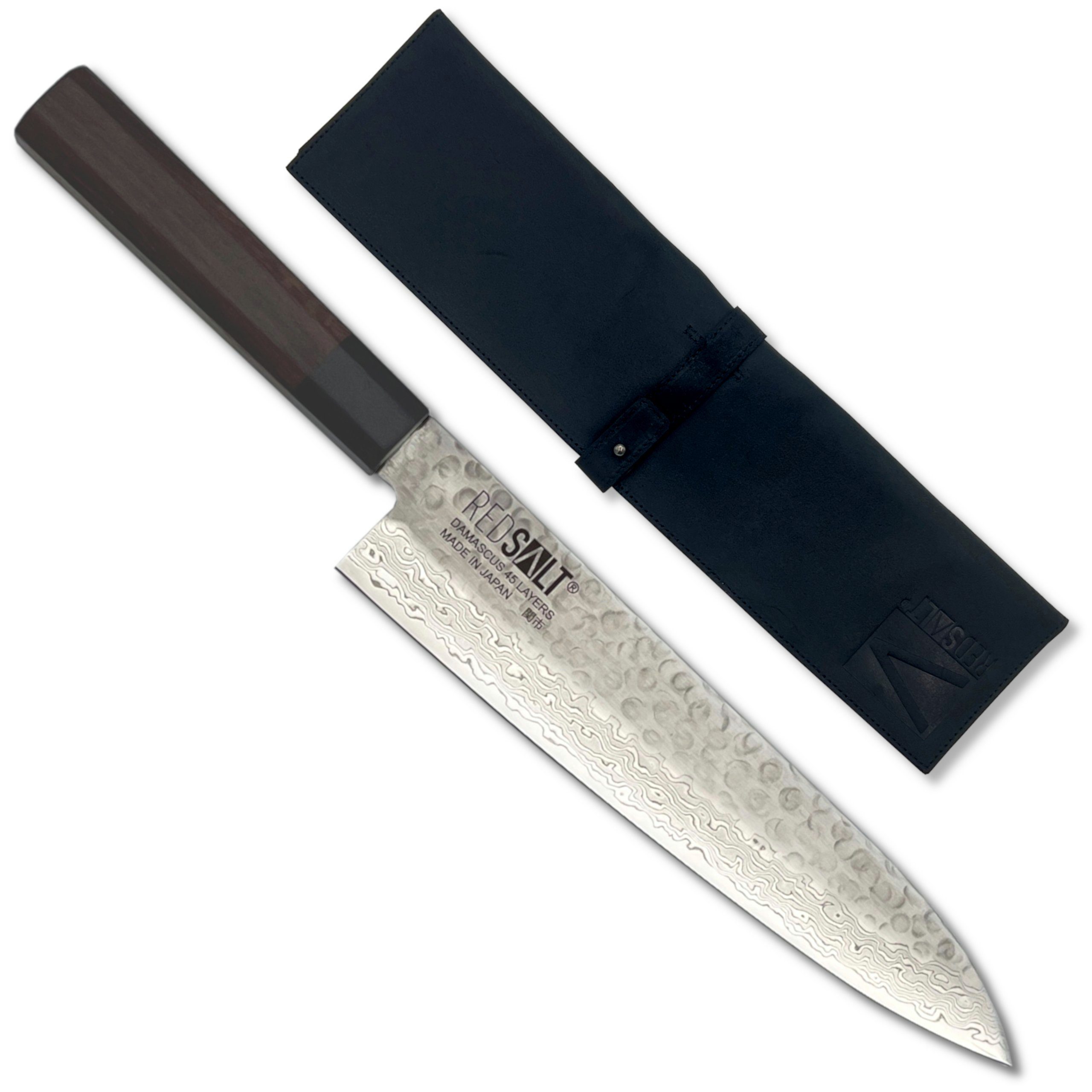 REDSALT® Damastmesser GYUTO 21cm Profi Küchenmesser mit Ledertasche & Klingenschutz, handgerfertigt, Made in Japan | Damastmesser