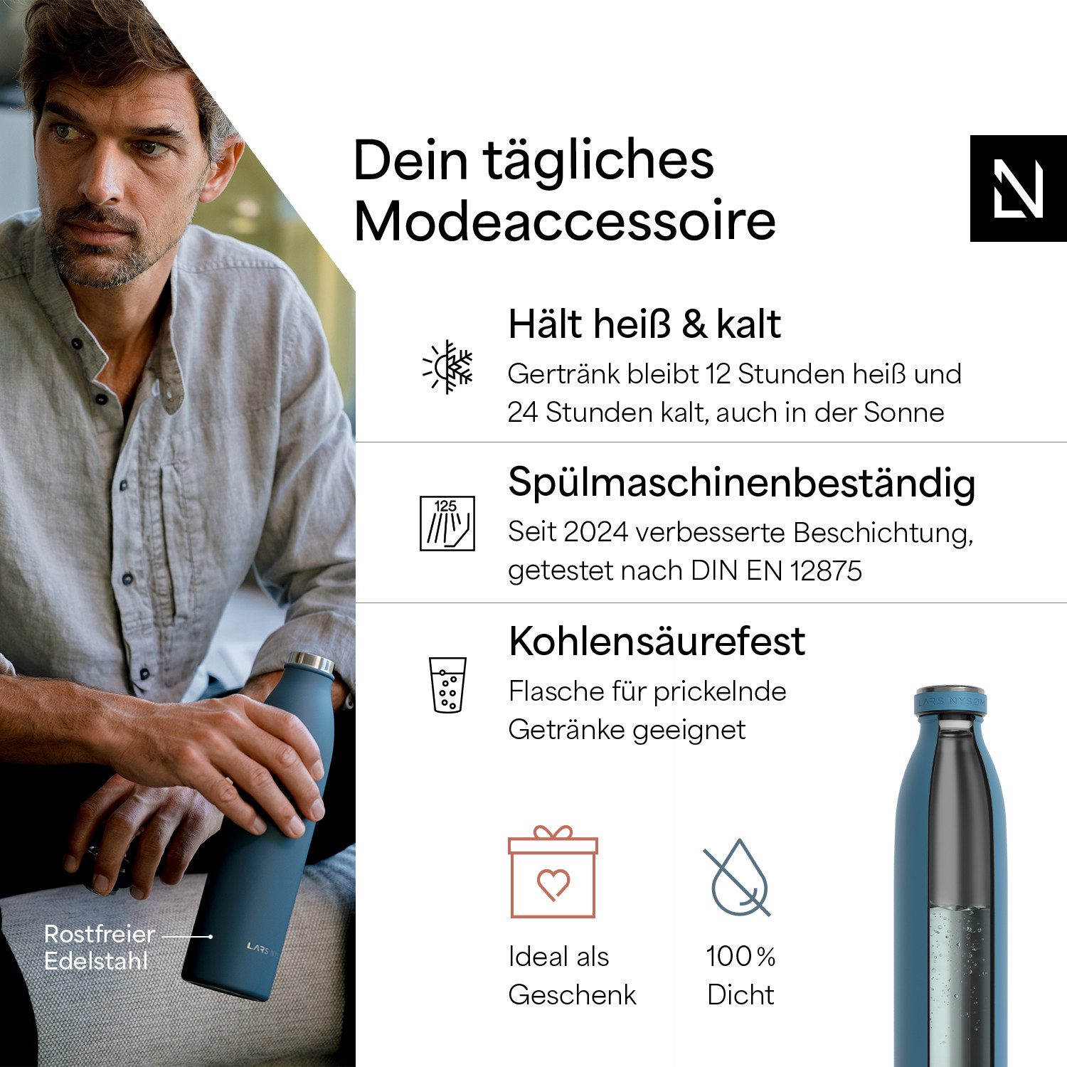 LARS NYSØM Thermoflasche Ren, Isolierflasche mit Vakuum Isolierung: 12h heiß / 24h kühl