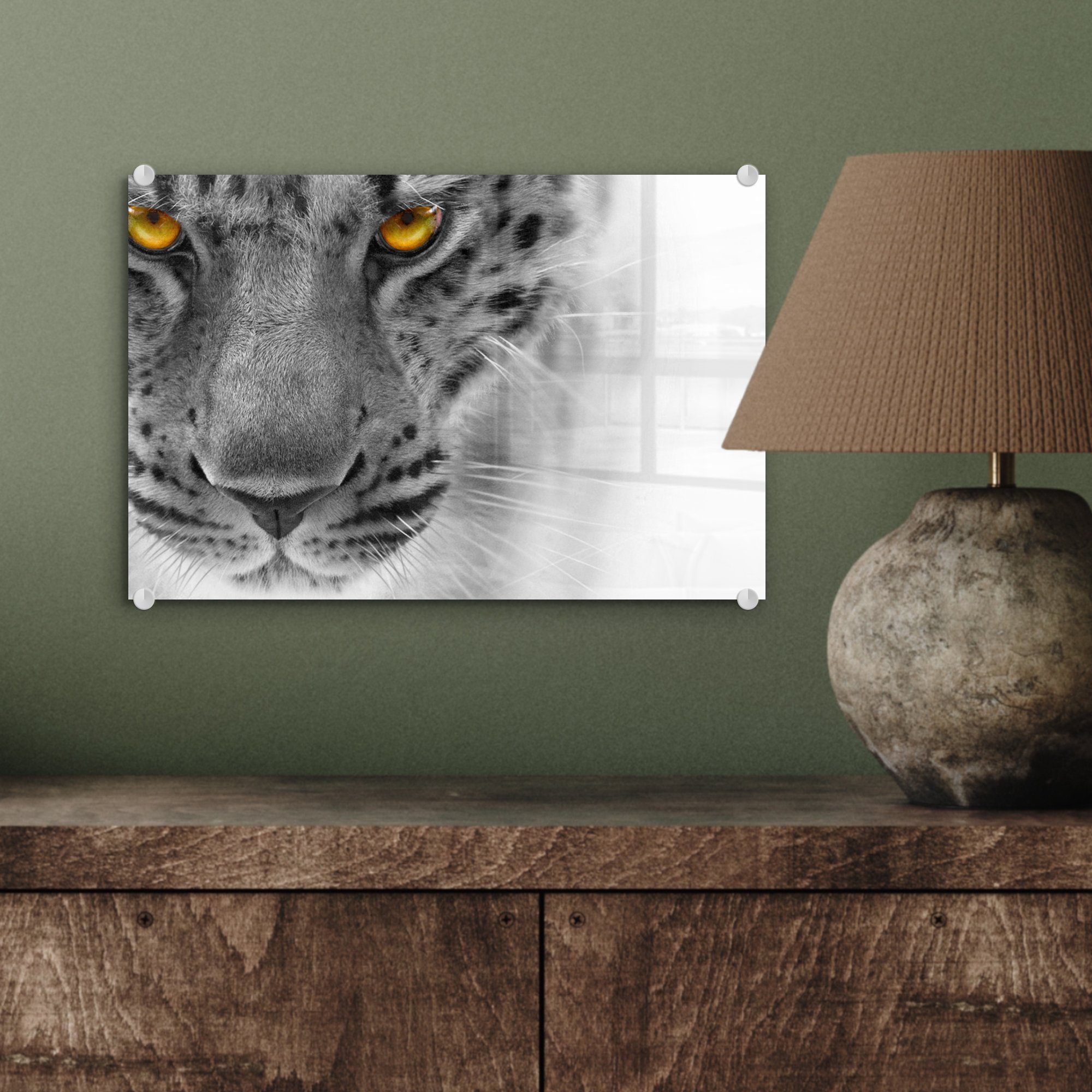Gelb, Leopard auf auf Glas - (1 St), - - Glasbilder - Glas MuchoWow Augen Wandbild Acrylglasbild Wanddekoration Bilder - Foto
