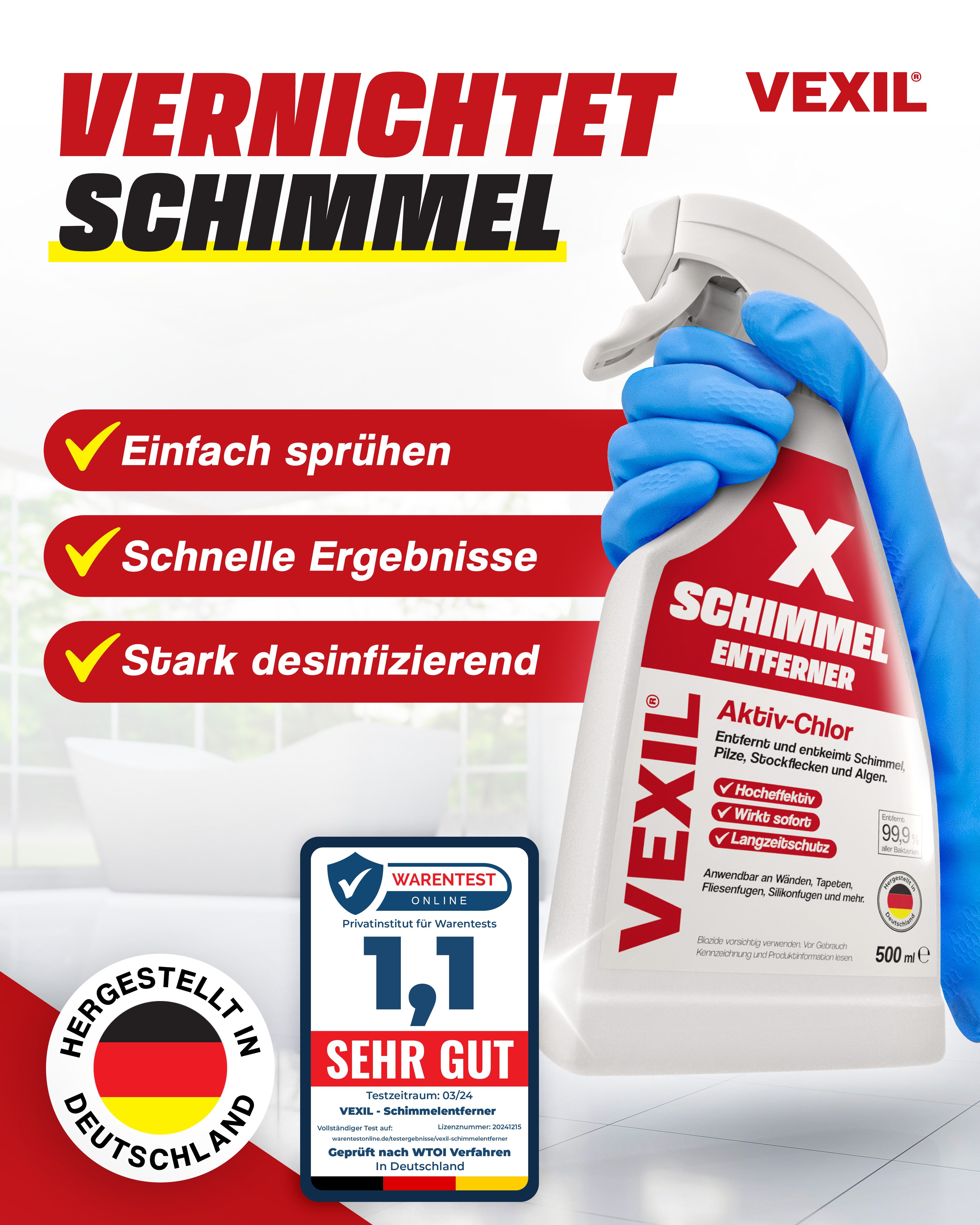 VEXIL Schimmelentferner – mit AKTIV-CHLOR und HAFTEFFEKT Schimmelentferner (1x 500 ml Sprühflasche 500 ml)