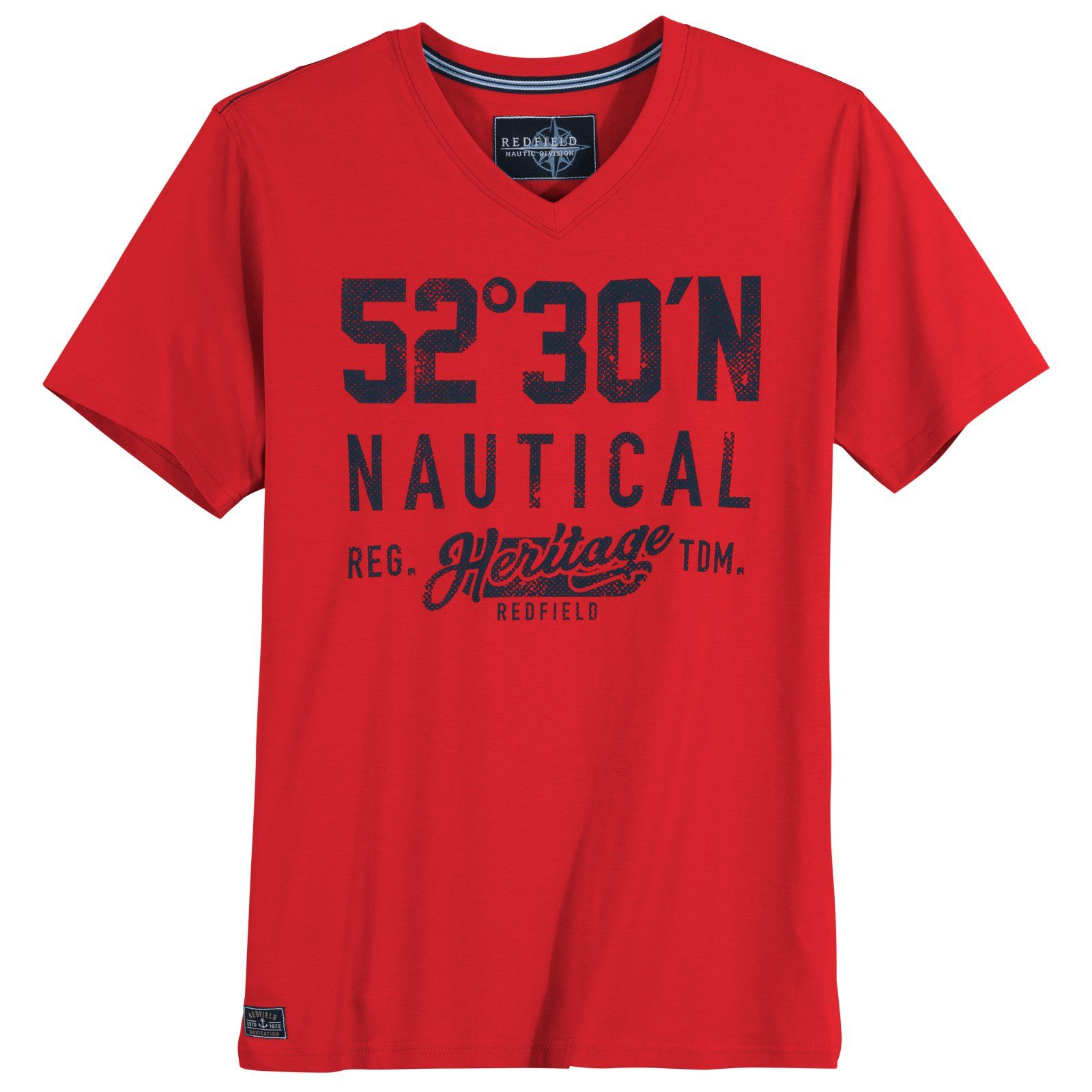 redfield Print-Shirt Große Größen Herren T-Shirt V-Neck 52°30'N rot Redfield