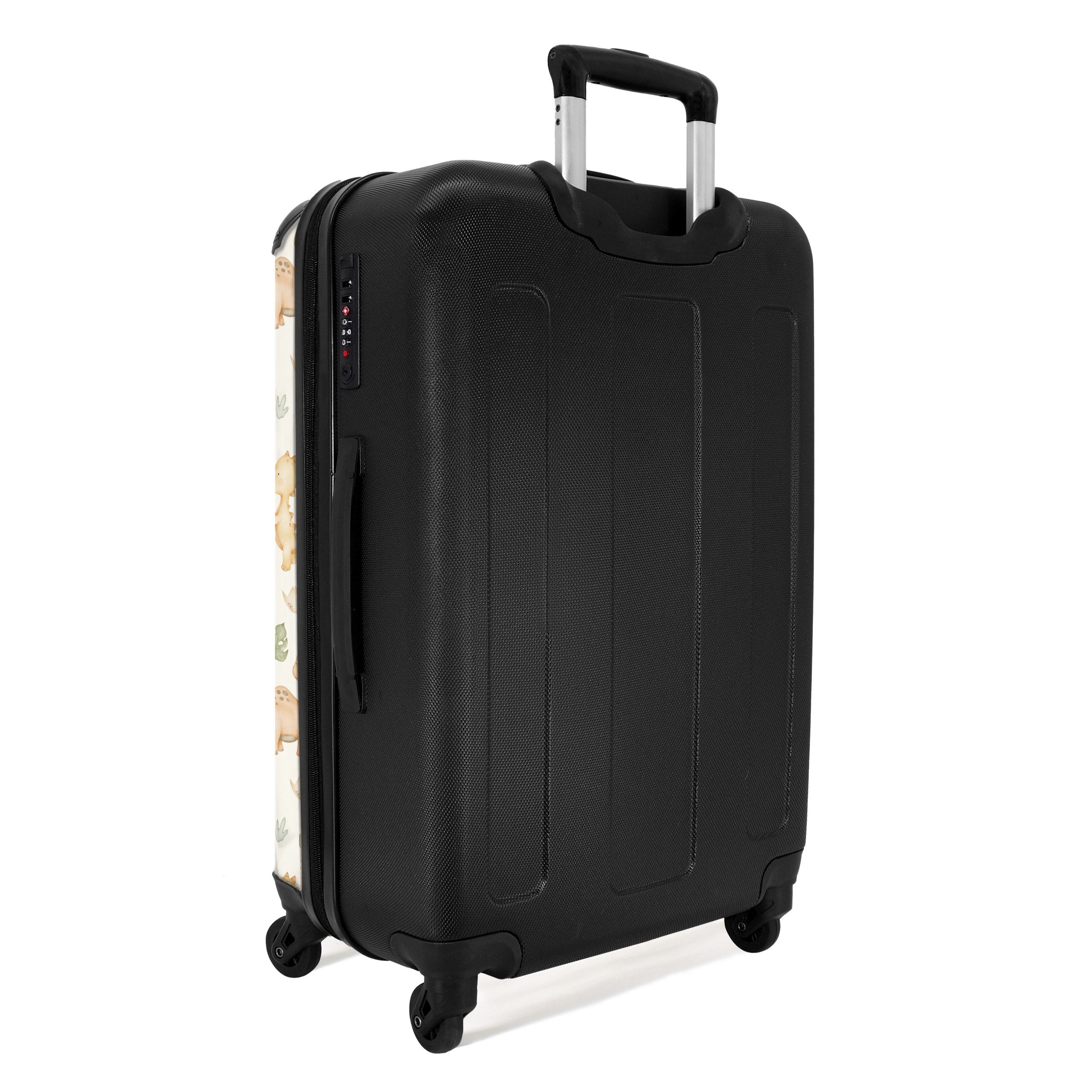 NoBoringSuitcases.com© Kinderkoffer mit leuchtende Räder - Dino-Muster in Pastellfarben 67 cm - 72 L, 4 Rollen, Reisekoffer mit Rollen Mittelgroßer für 20kg, Jungenkoffer