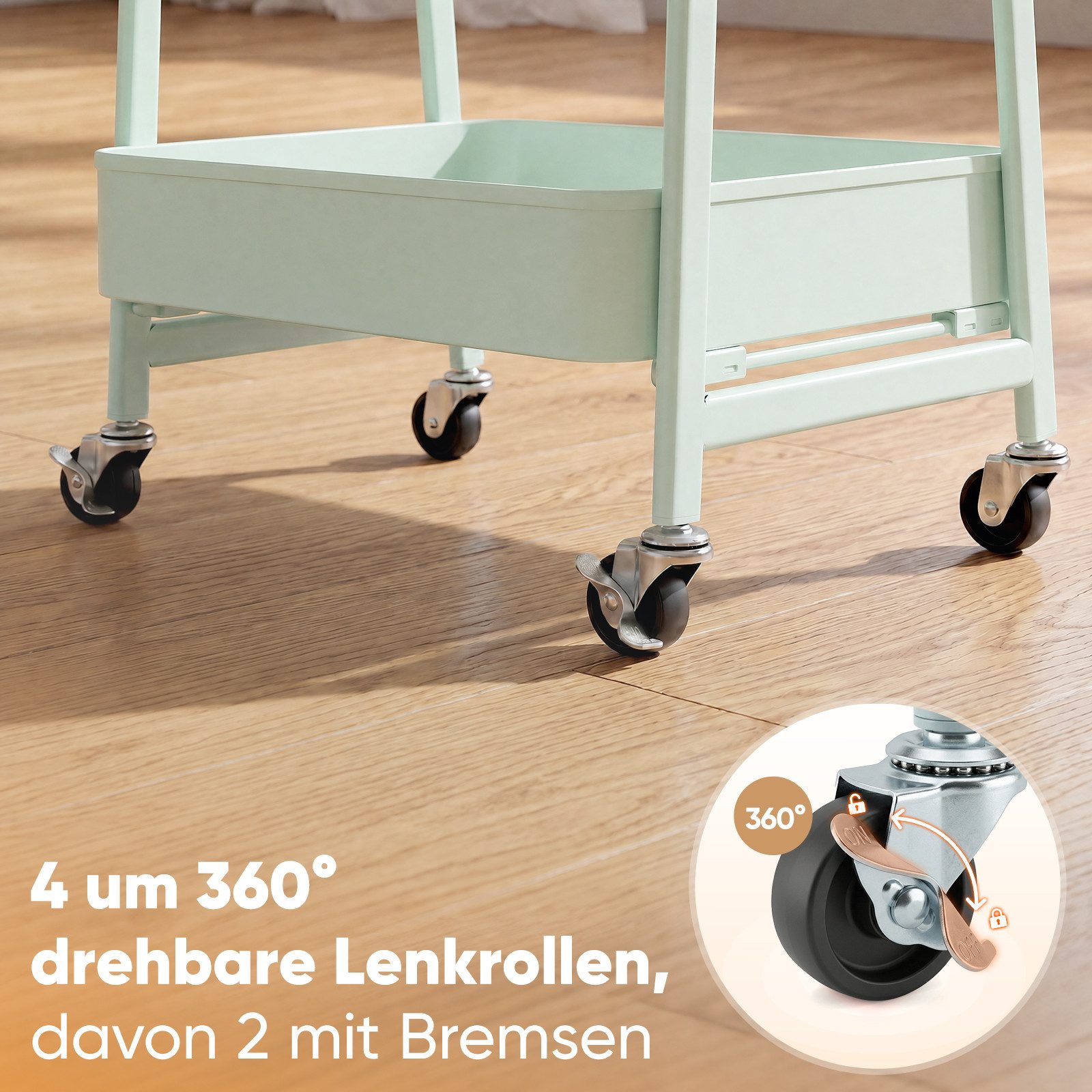 Sekey Küchenwagen Servierwagen mit Rollen Beistellwagen mit 3 Ablageebenen aus Metall, Werkzeuglose Montage mit Klick-System, 2 Körben & 4 Haken – Bild 5 von 5