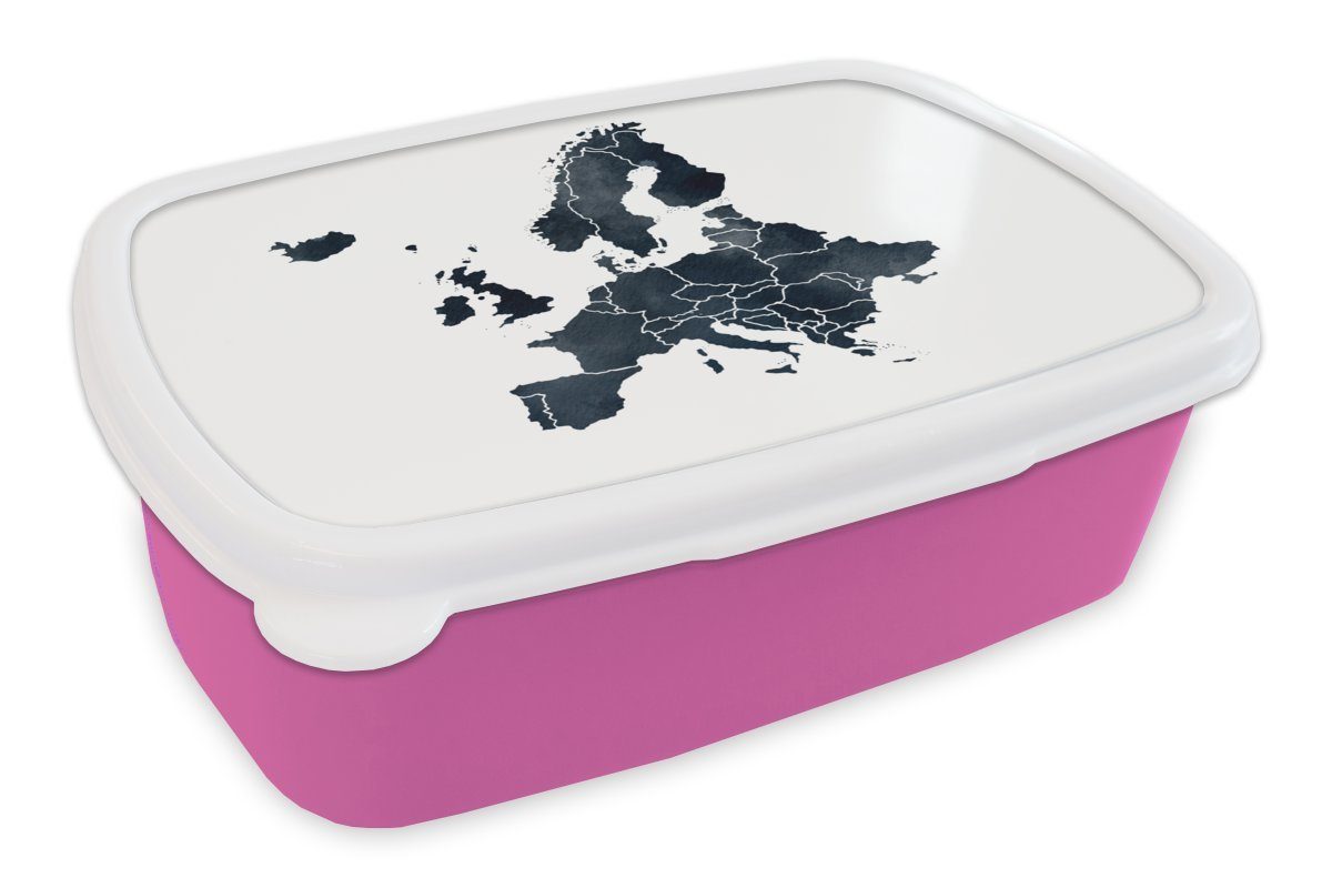 MuchoWow Lunchbox Karte von Europa - Aquarell - Blau, Kunststoff, (2-tlg), Brotbox für Erwachsene, Brotdose Kinder, Snackbox, Mädchen, Kunststoff rosa